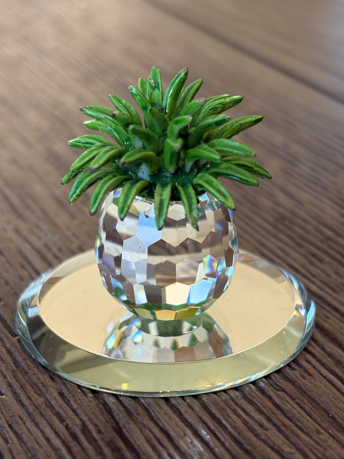 Crystal Miniature Pineapple Figurine Green Metal Leaves 1″ Tall No Makers Mark