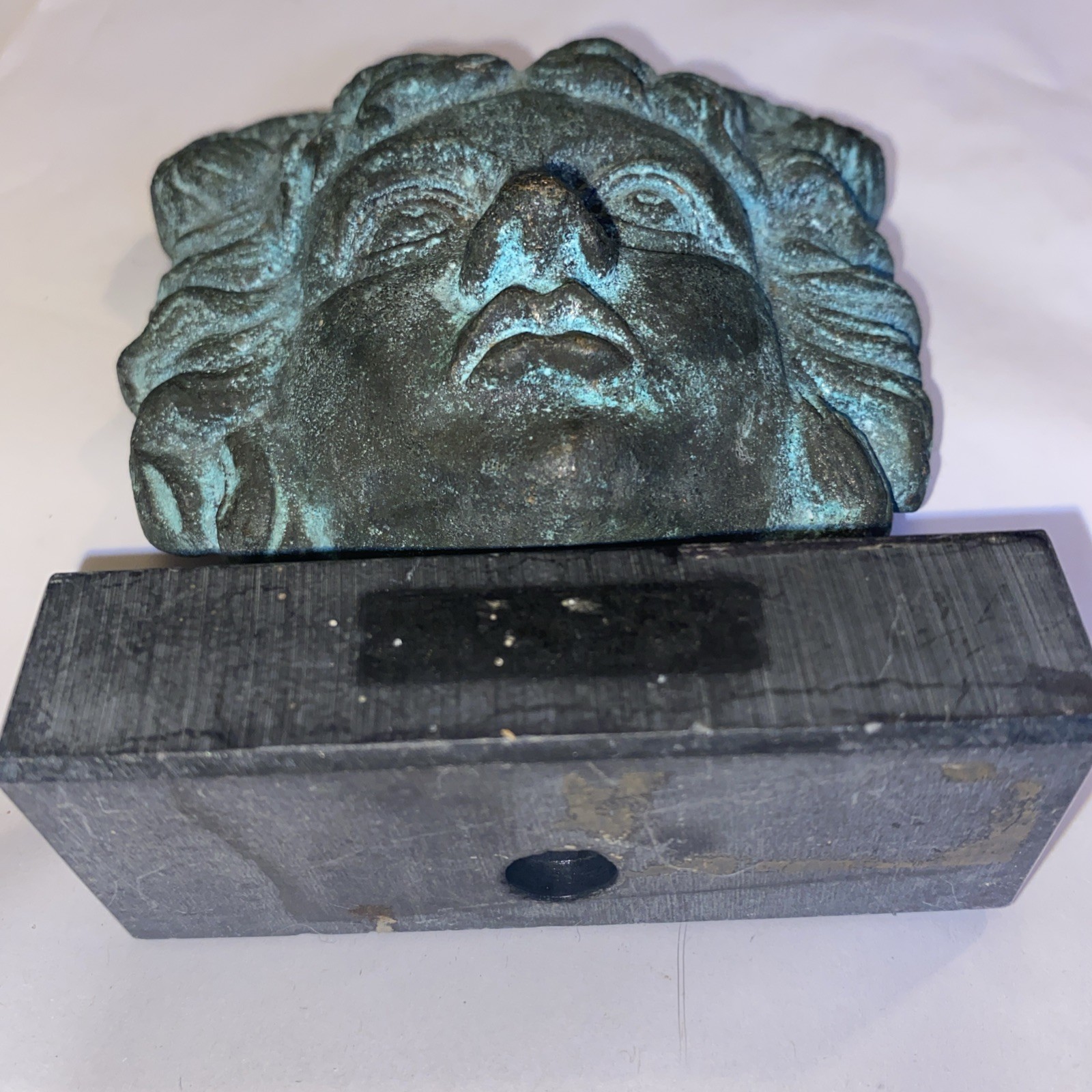 Medusa 4″ Bronze Head Mask Sculpture On Black Marble Etruscan Greek