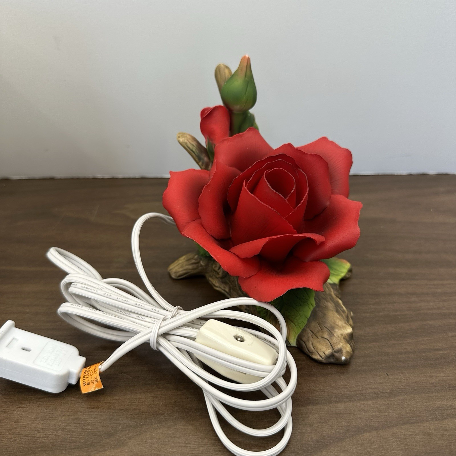Porcelain NightLight Red Rose On A Log Lighted Figurine Rosebud Floral Garden