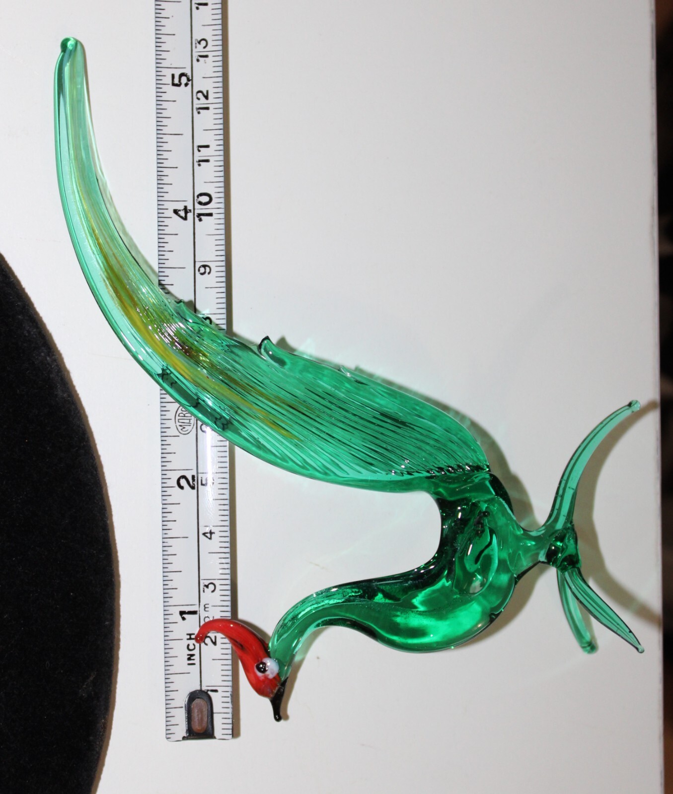 Miniature Art Glass Bird Sculpture Green Red Black and White Glass