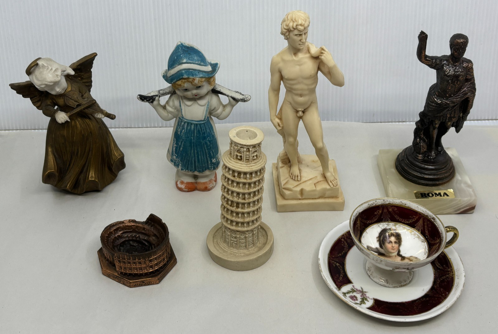 Lot of 7 Estate Sale Chachkas Figurines Souvenirs Tea Cup Set Vintage