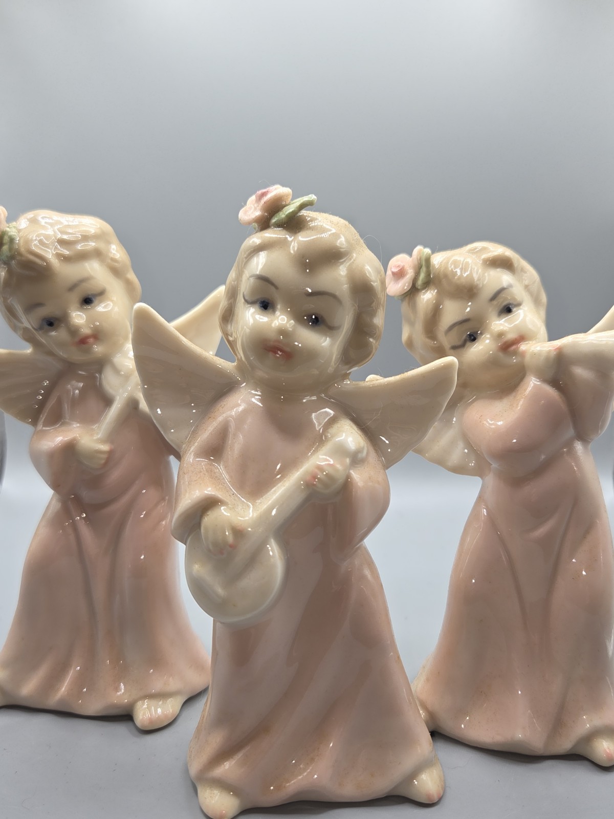 Vtg Lot Lefton? Cherub Girls Angels Singing/ Playing Music Figurines 1950s Trio