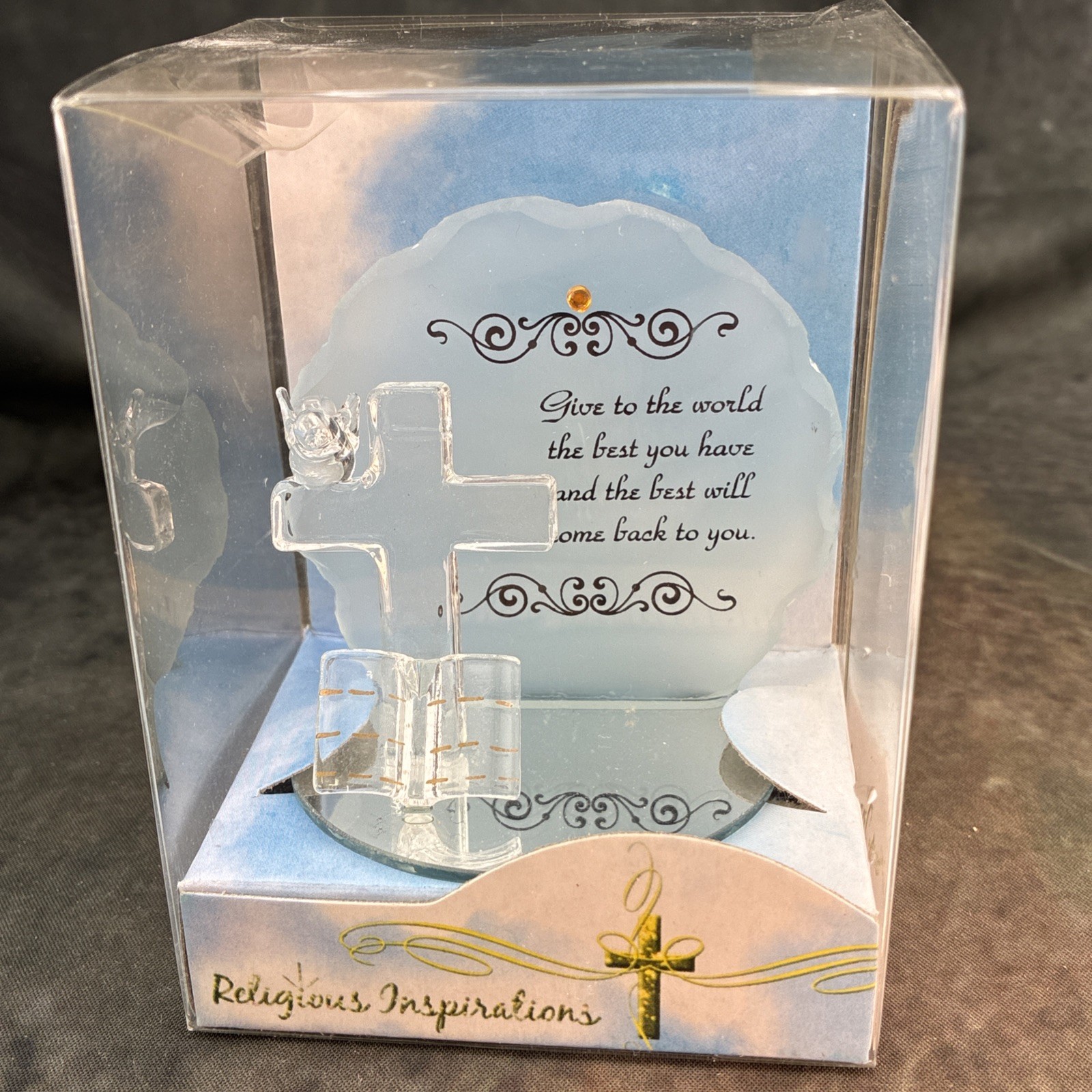 Religious Inspirations Quote, Cross, Dove, Bible Figurine On Mirrored Glass 4”