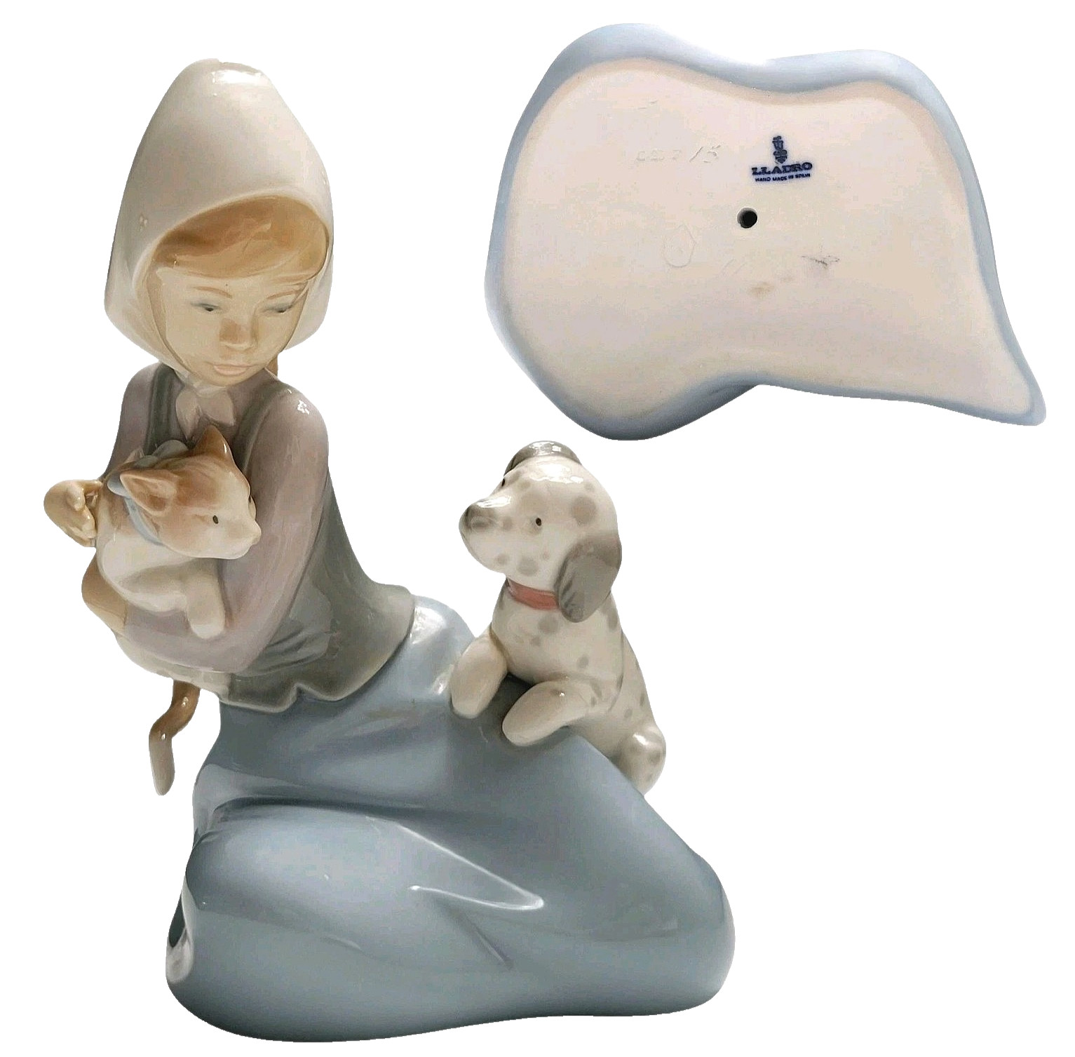 Lladro Porcelain Figurine Little Friskies Girl Holding Dog Puppy Cat VTG 1970’s
