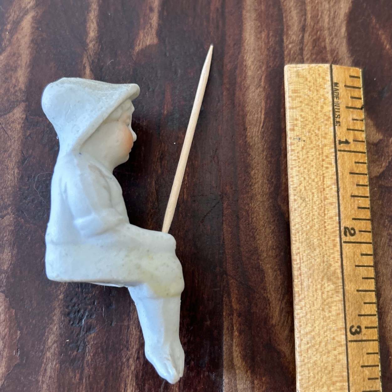 Vintage Bisque Porcelain Shelf Sitter Fishing Boy In Hat; Occupied Japan 3.25”