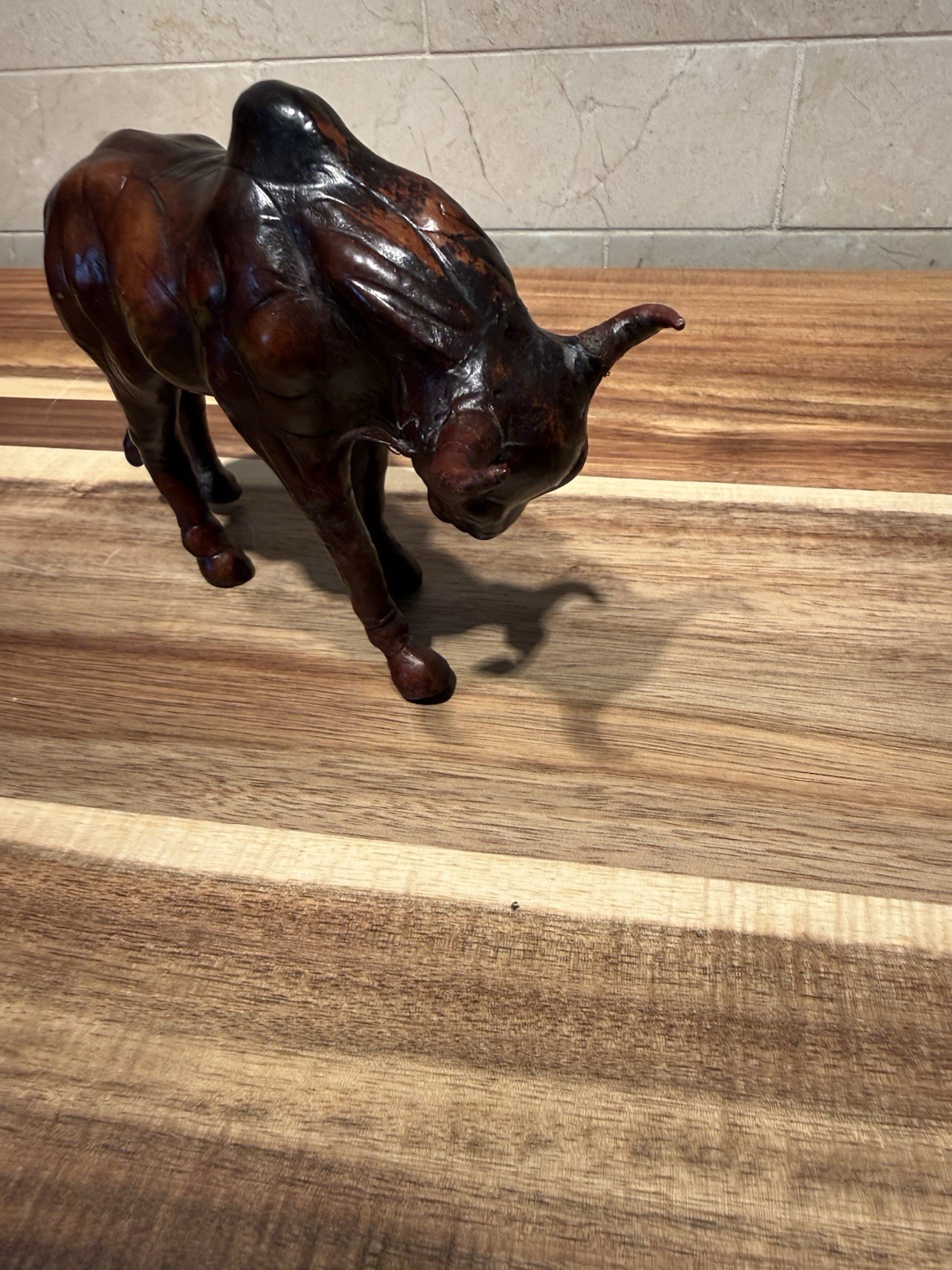Leather Wrapped Charging Bull Figurine Sculpture Decor Brown