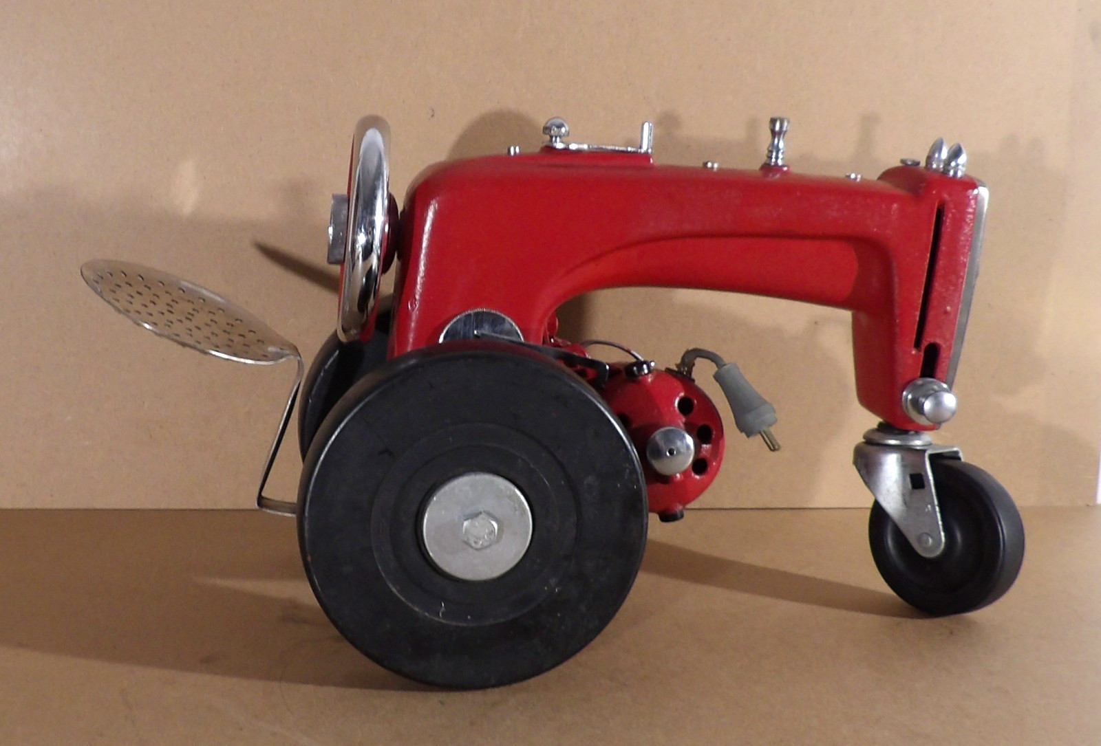 Vintage Singer Sewing Machine Red TRACTOR SCULPTURE Upcycled Heavy Cast Iron Art