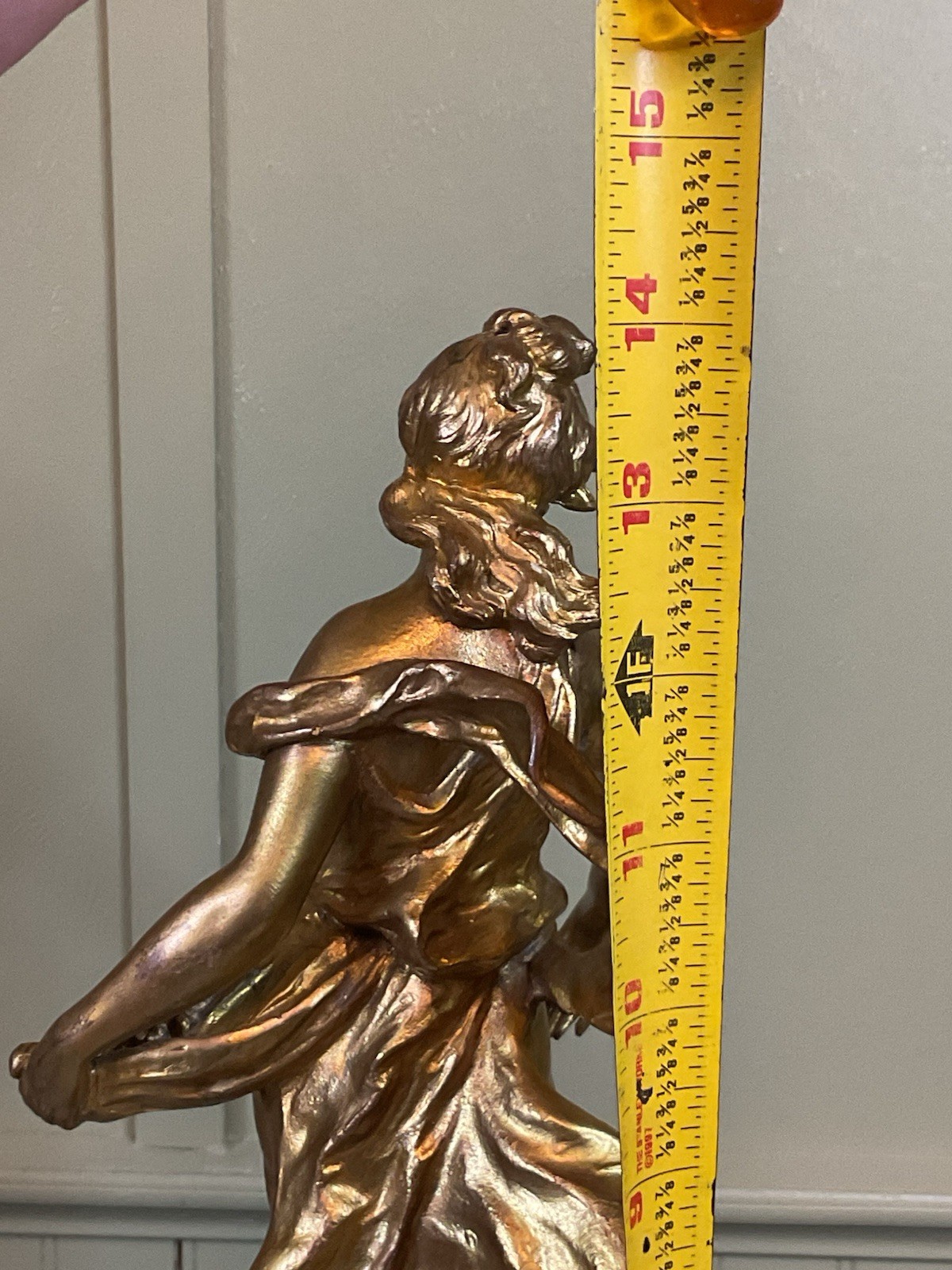 Antique Signed, Gold Gilt Art Nouveau Style Lady Figurine Statue 14”