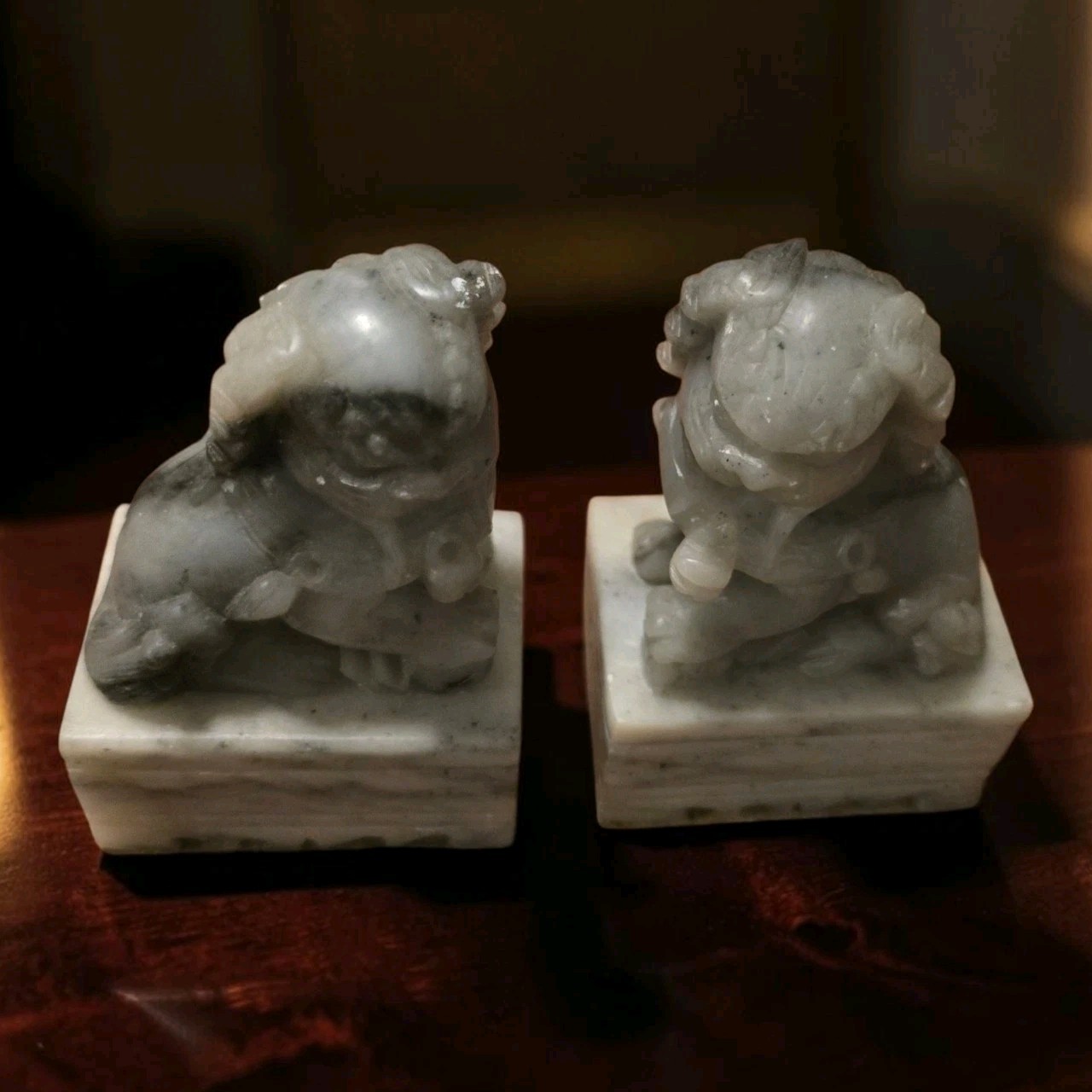 Chinese Pair Of Gray Marble Carved Soapstone Foo Dogs Guardian Lion Bookends 4″