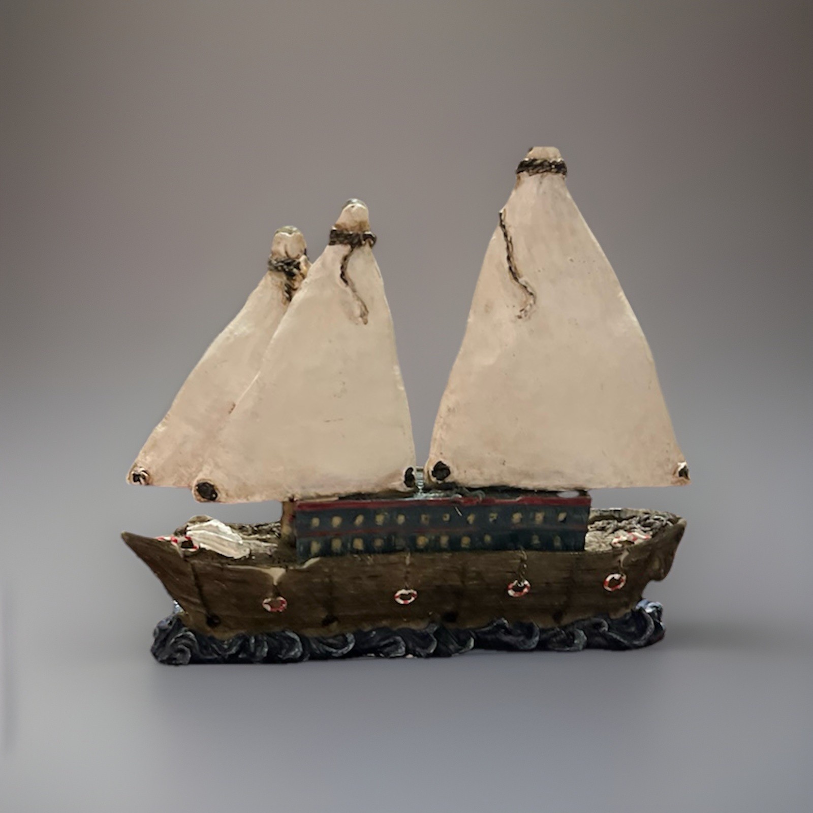 Vintage Metal Nautical Sailboat Figurine Sculpture, Brown/Beige/Blue, 3D Effect
