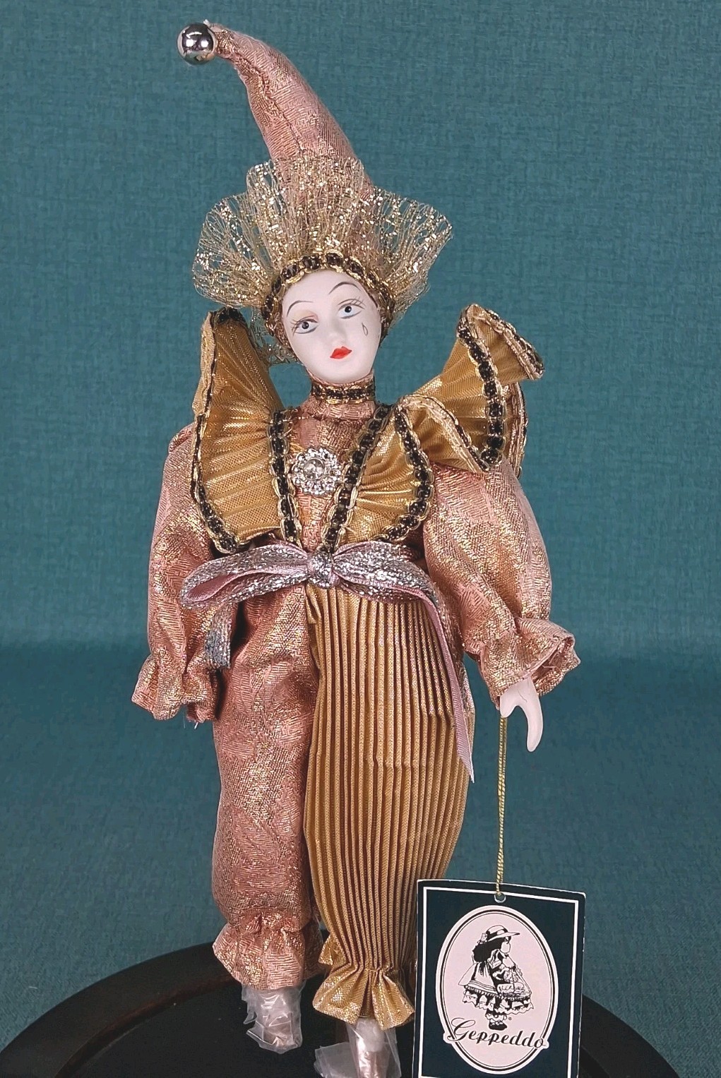 Geppeddo Porcelain Doll Gold and Pink Costume with Tag
