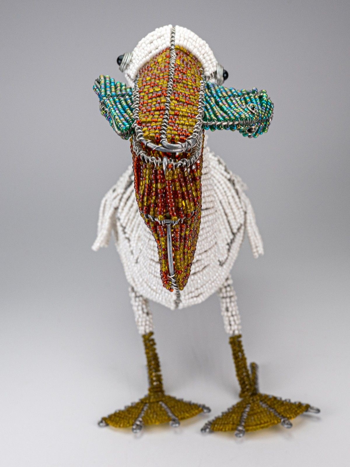 Handmade Wire & Glass Seed Bead Pelican Bird Figure with Fish Sculpture Beadworx