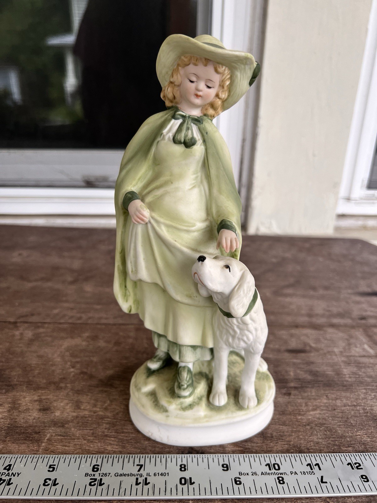 Vintage English Girl In Green Dress with Dog Andrea by Sadek #7154 Hand Painted