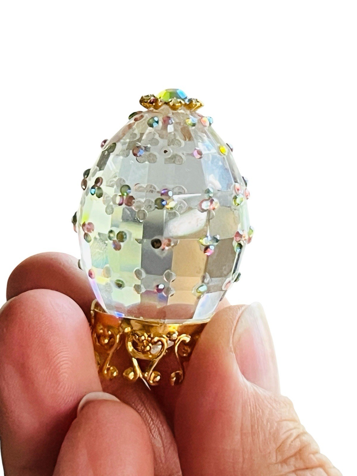 Vintage Crystal Aurora Borealis Jeweled Egg Filigree Stand