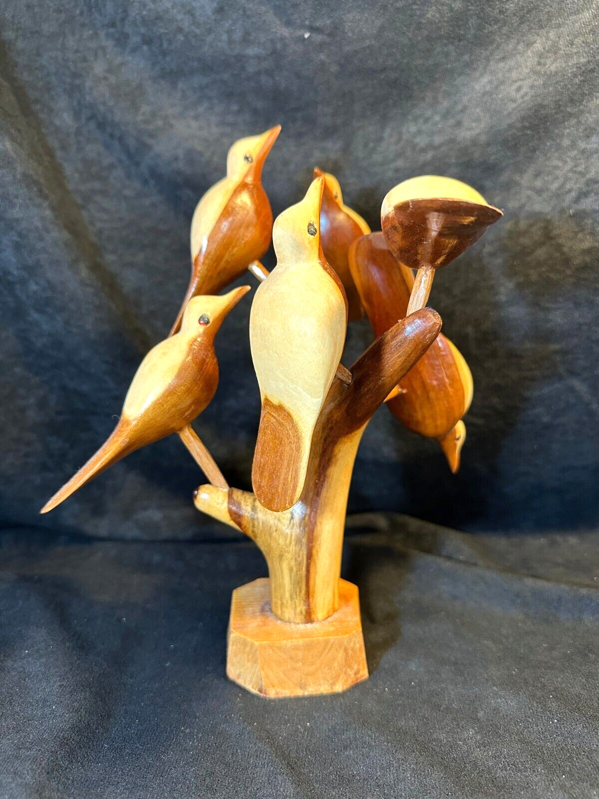 Vintage Hand Carved Wooden Tree with Six Removable Birds Figurine Sculpture