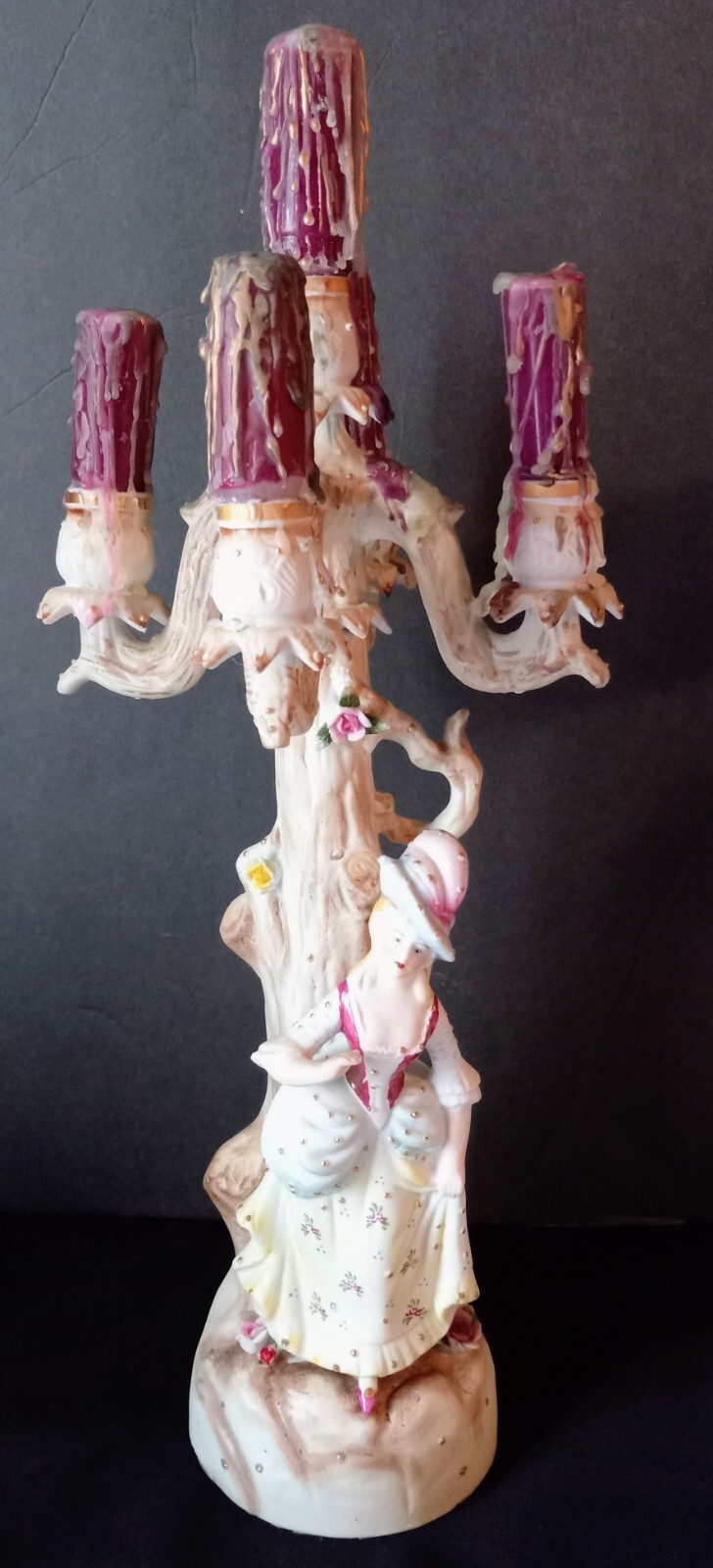 Vtg. Original Hand Decorated Victorian Bisque Candelabra W/Woman Figurine. #C