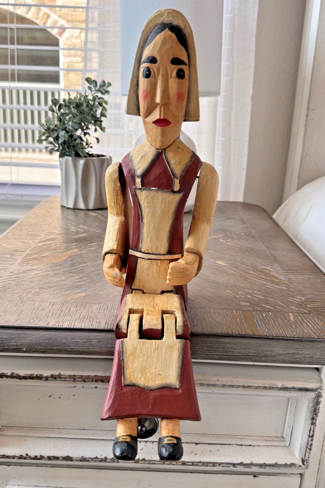 Vintage Hand Carved Wooden Female Pilgrim Jointed Figure Hang Off Mantle 16″