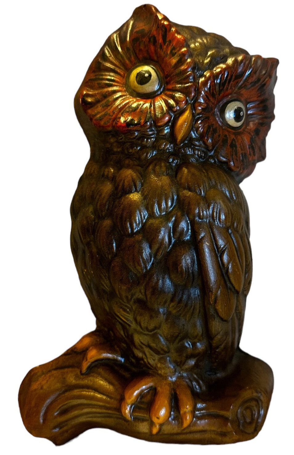 Vintage Chalkware Plaster Brown Owl Perched On Log Wallhanging Handpainted