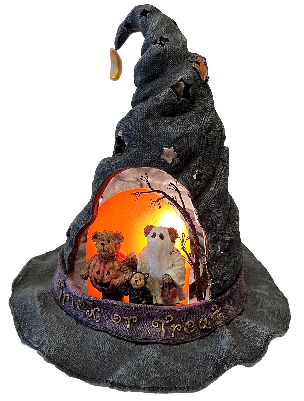 Boyds Bears Halloween Resin Spooky Punky & Boo In “Esbearelda’s” Hat Light Up 8”