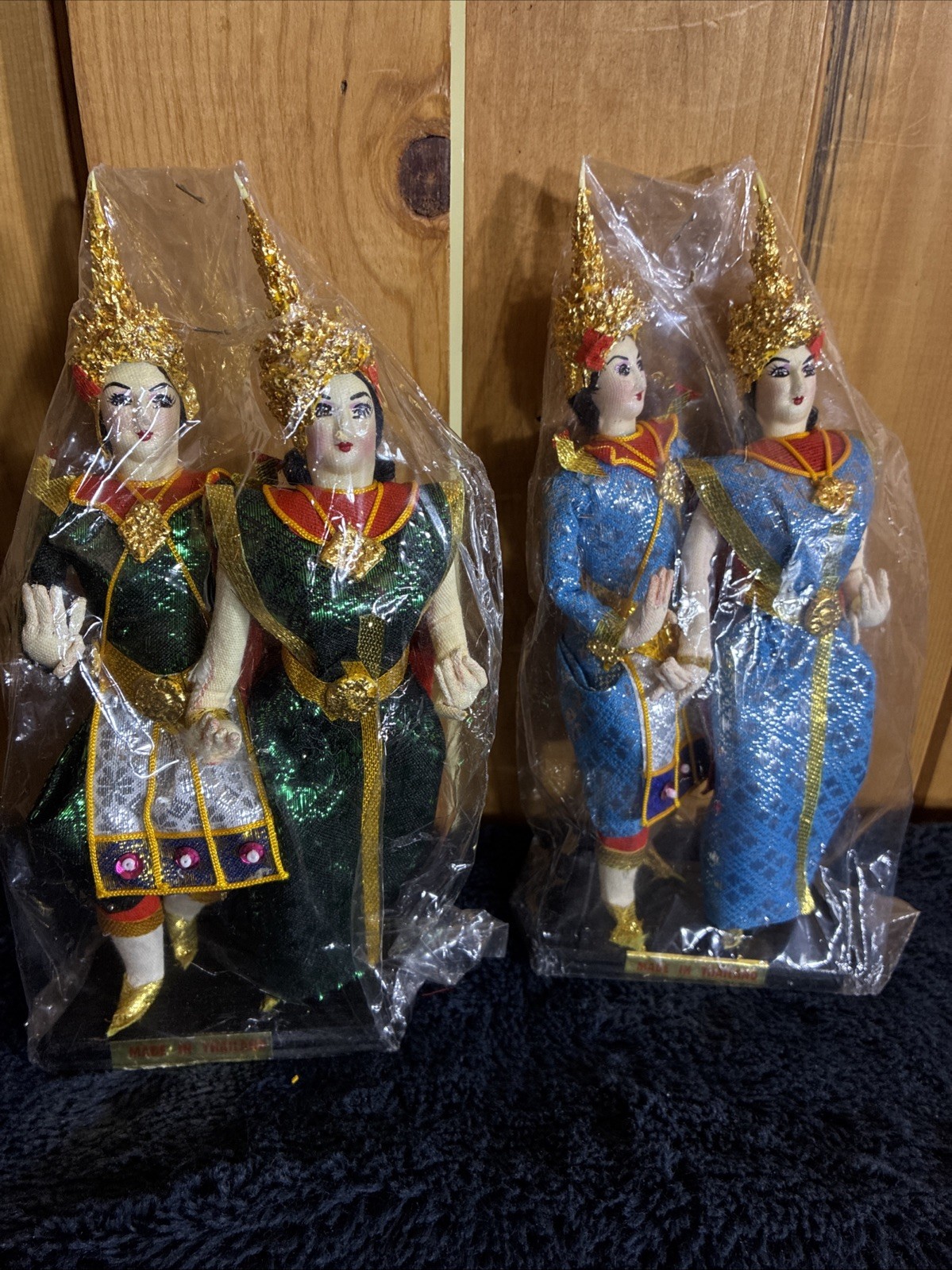 Two Handmade Bangkok Dolls Thailand Dancing Figures Wood Stand 9” Collectible