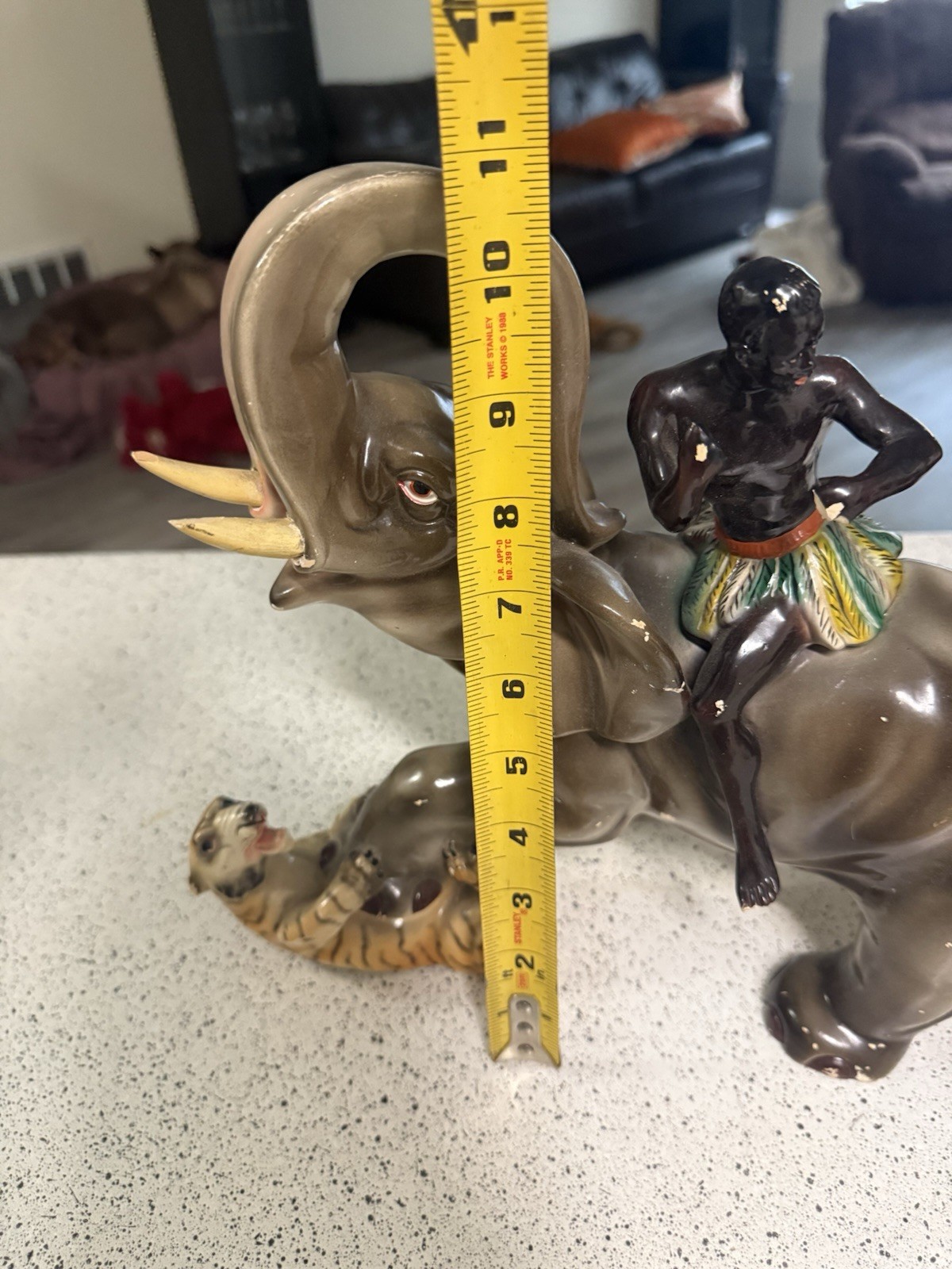 Vintage Man on Elephant Fighting Tigers Large Ceramic Made in Portugal Rare Find