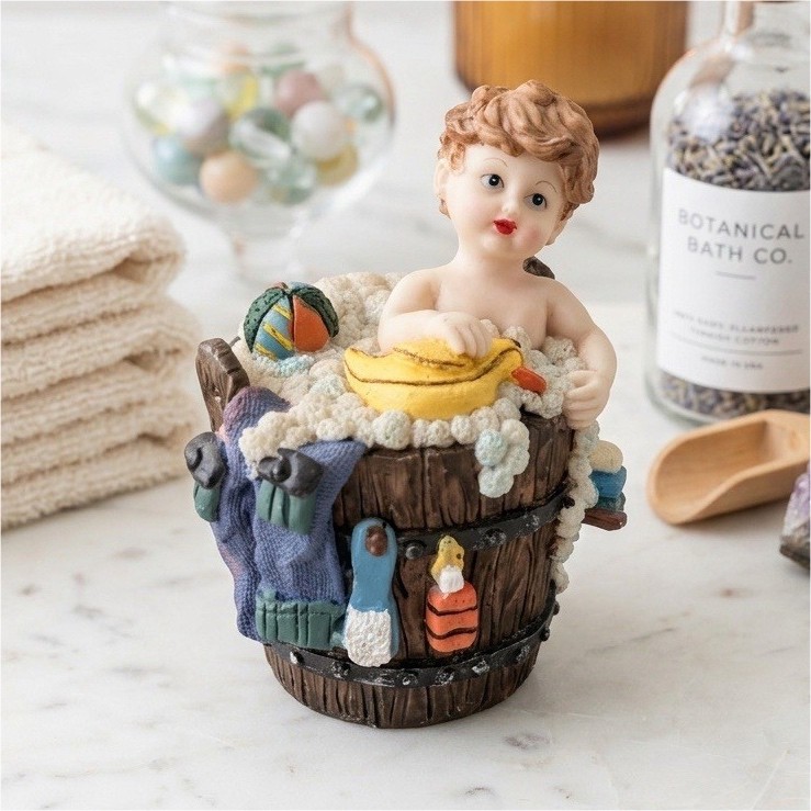 Vintage Style Baby in Wash Tub Resin Figurine Bath Time Rubber Duckie Decor