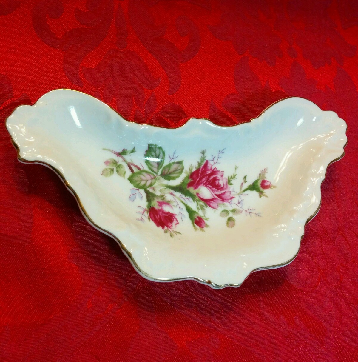 Early Charles Sadek Co. Inc Porcelain Crescent Dish Pink Rose Floral Gold Gilt