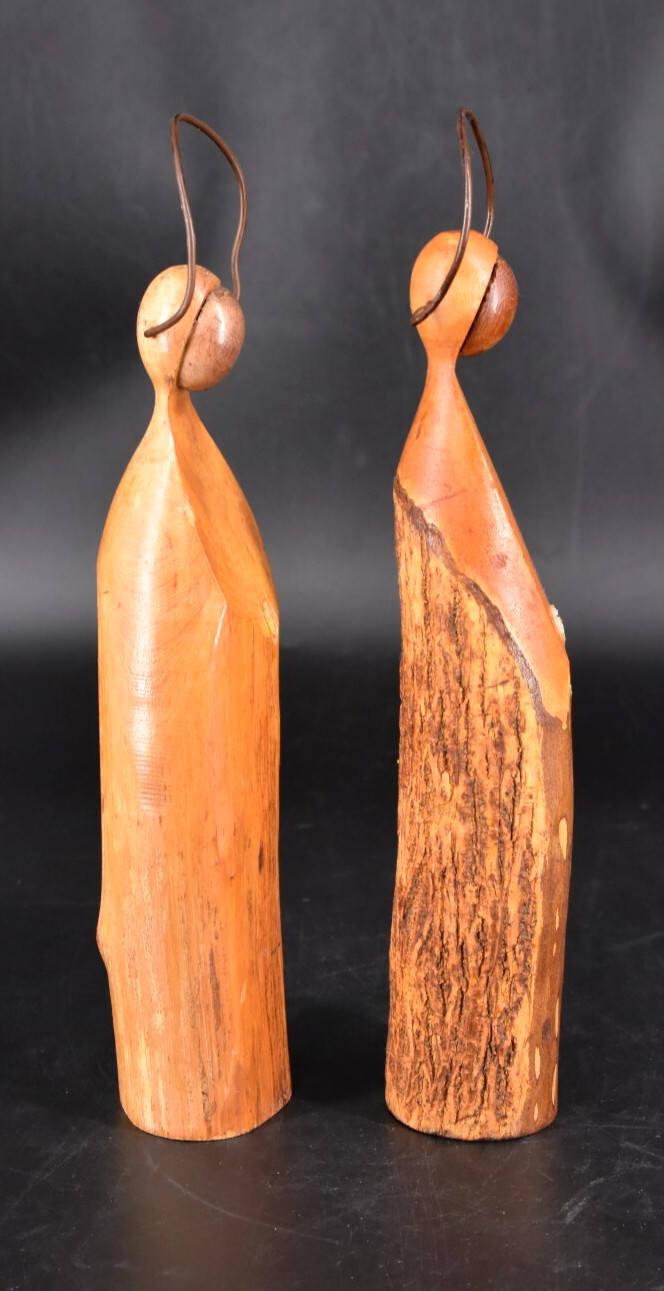 VTG Carved Wood Minimalist Angels Set of 2 Figurines w/Wire Halos 11.25″