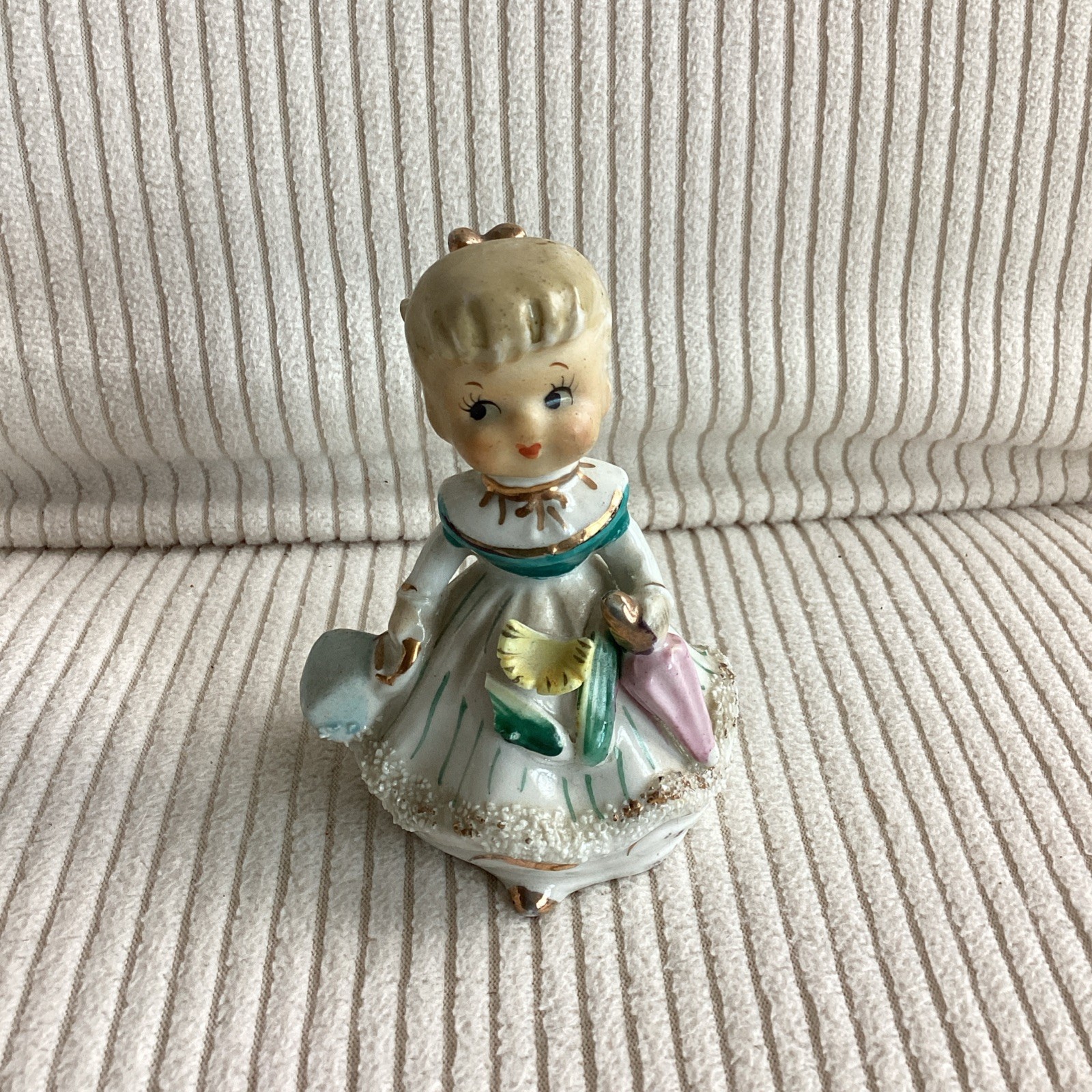 Vintage Wales Blond Girl Figurine Bell, Umbrella, Purse, Flower Japan MARCH HTF