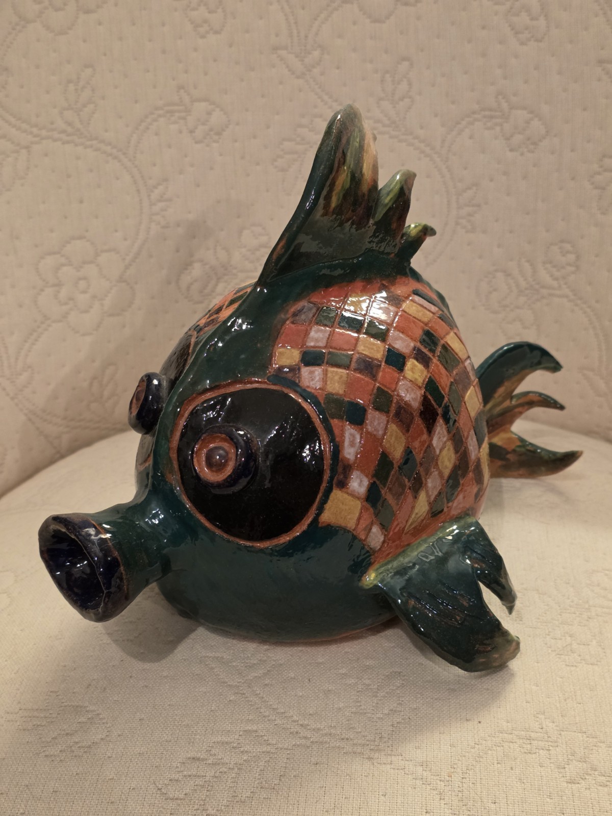 Handmade Terracotta Fish Figurine Multicolor Hand-Painted Glossy Abstract Decor