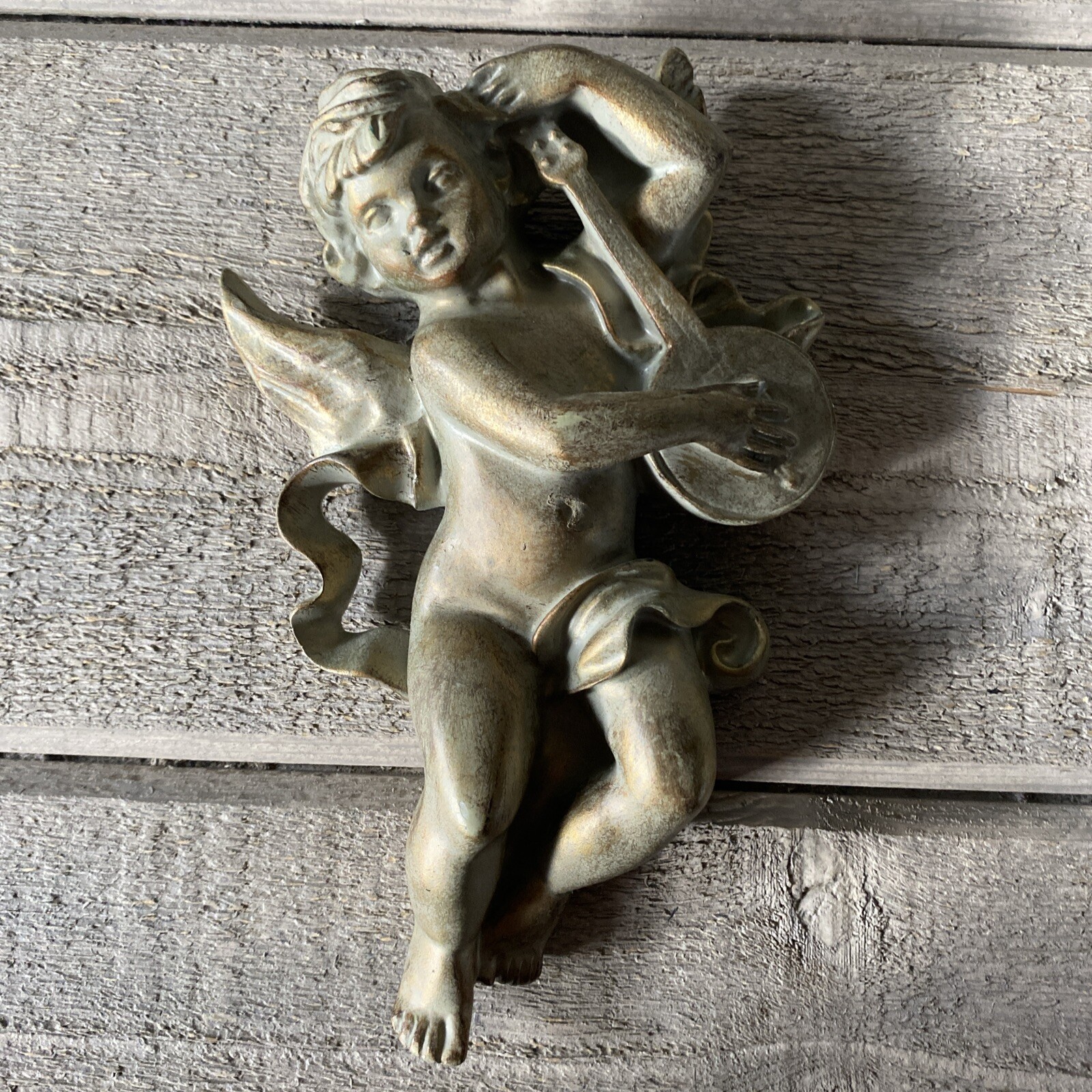 Vintage Cherub Angel Wall Hanging Gold Wash 8”
