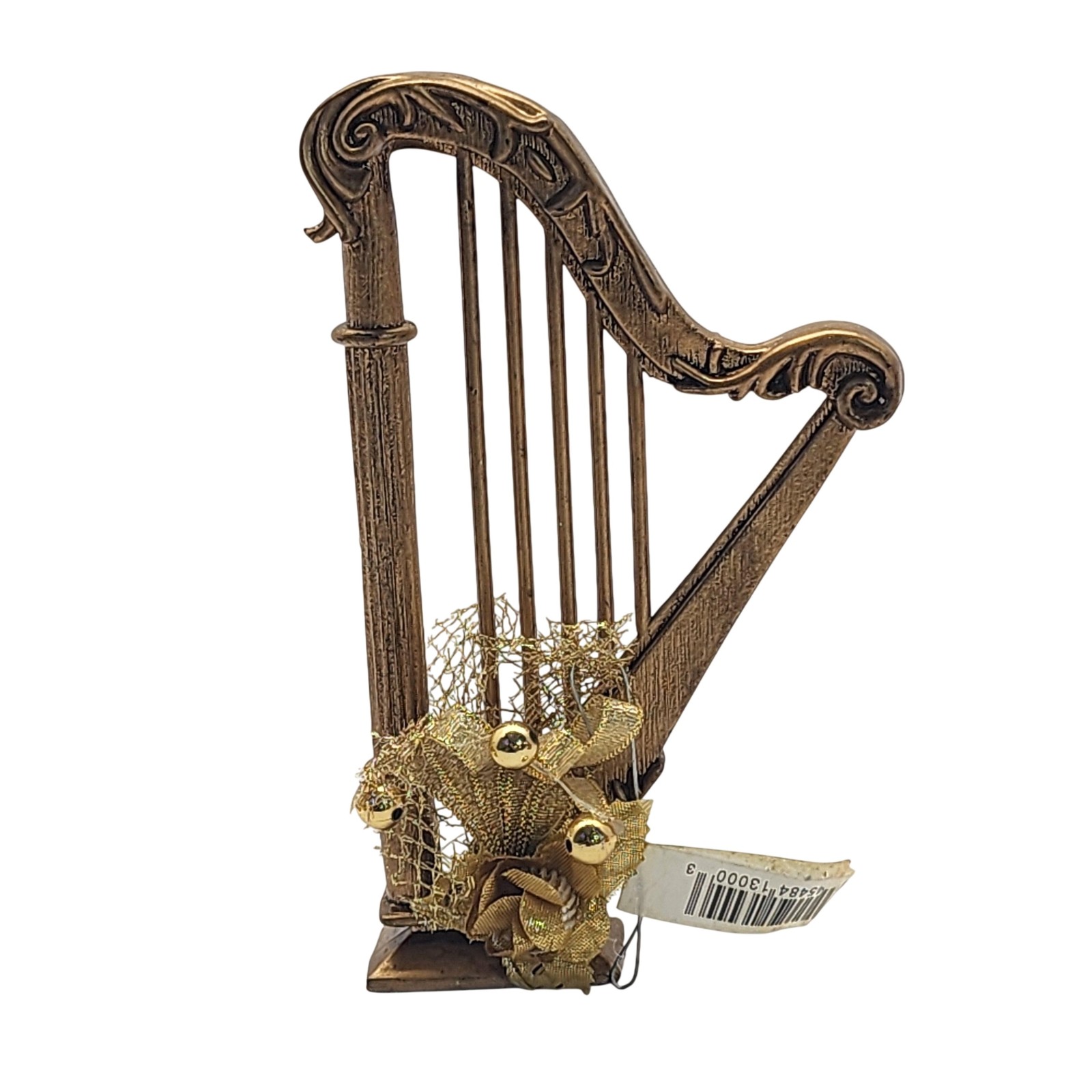 Gold Harp Ornament Musical Instrument Figurine Ribbon Bells Small Gold Tone