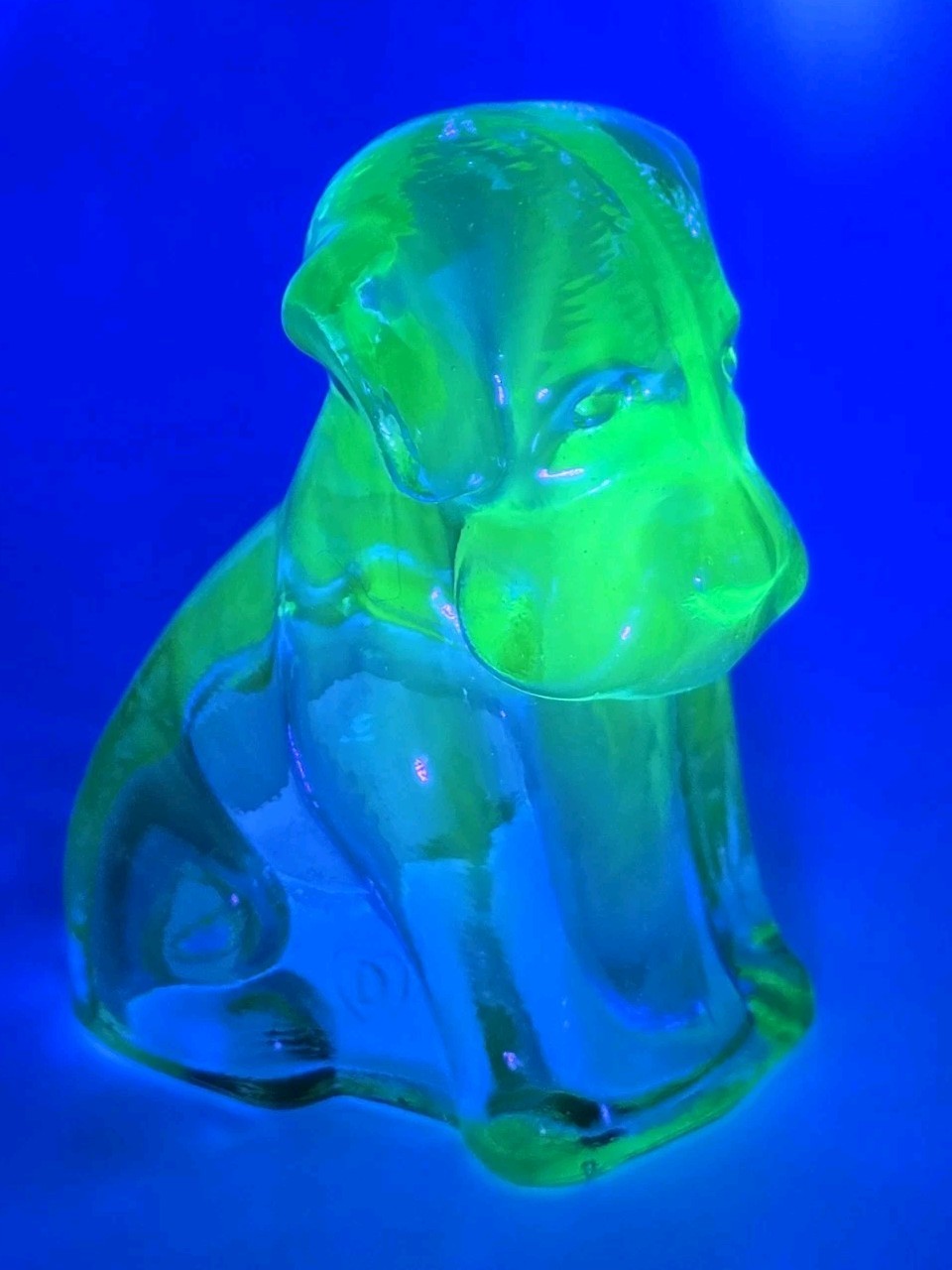 VTG Degenhart Glass “Pooch” Puppy Dog Figurine – Teal / Smokey Blue (UV Glow)