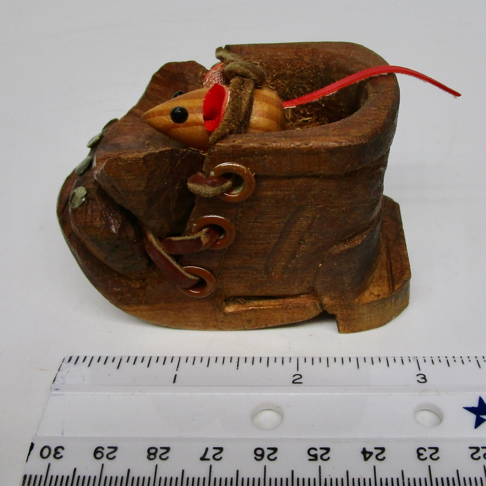 Vintage wood mouse in carved shoe boot mini figurine folk art red ears tail 2″