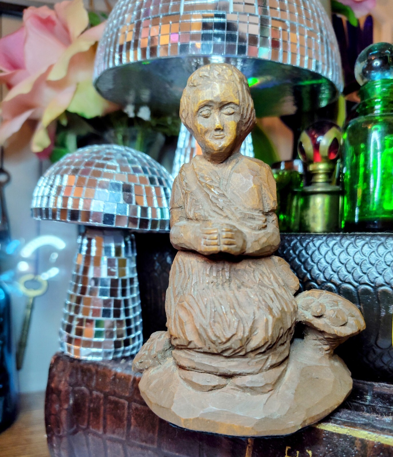 Vintage 1950’s -60’s Folk Art Hand Carved Wooden Figure Woman Praying- Religious