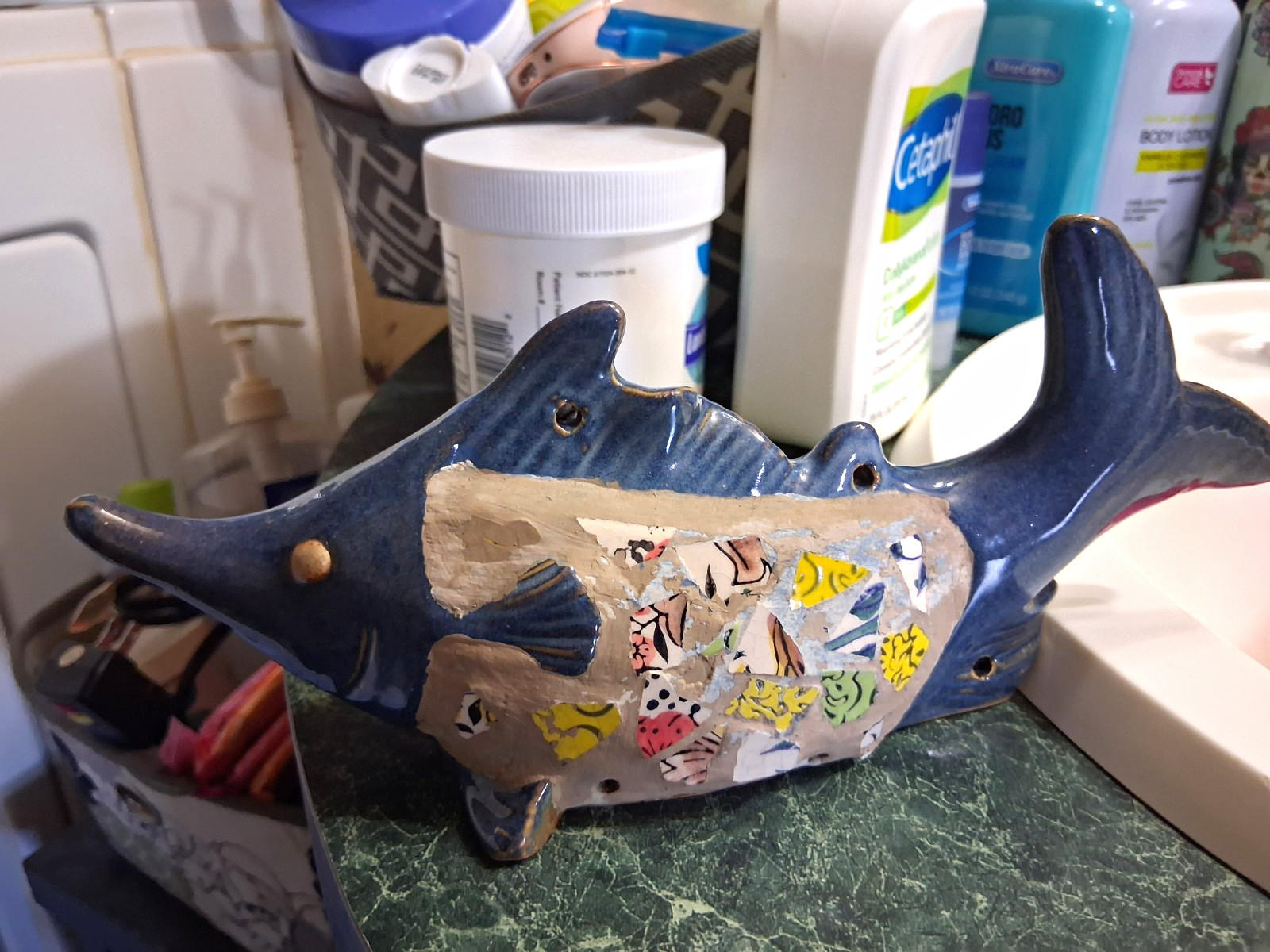 Mosaic Fish Figurine Blue Multicolor Hand Painted Pottery Half Glazed Finish