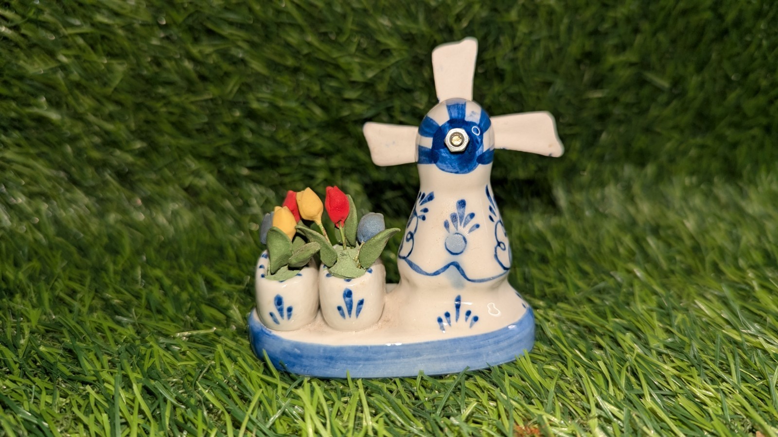 Delft blue mini windmill and shoes / Clogs Holland W/ Flowers 3″ Inch
