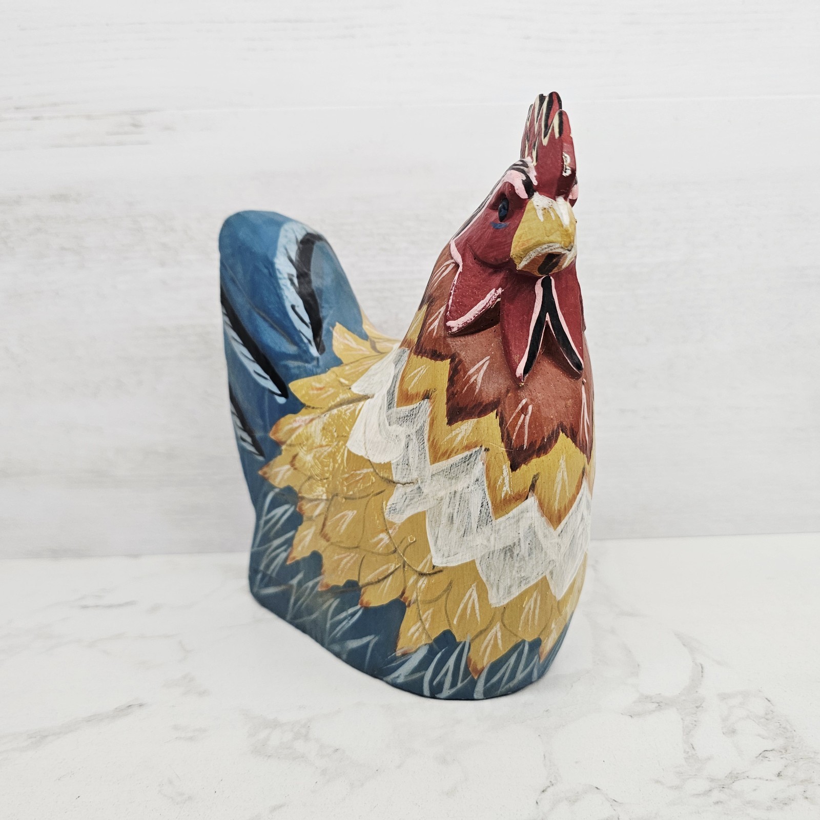 Vintage Carved Wooden Rooster Chicken Rustic Farmhouse Decor Folk Colorful