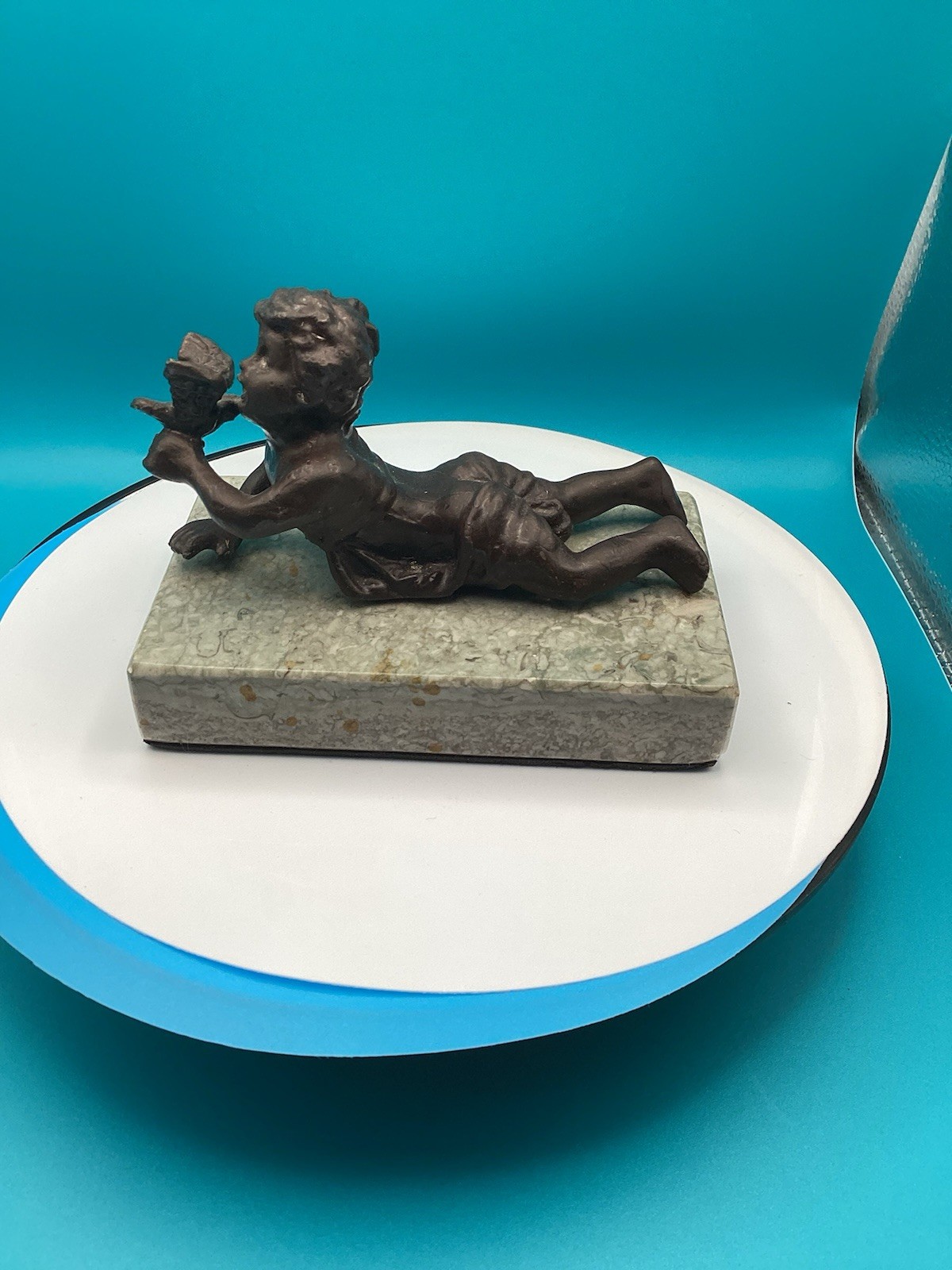 VTG Bronze Child W/Bird Figurine On Gray Marble Pedestal Base