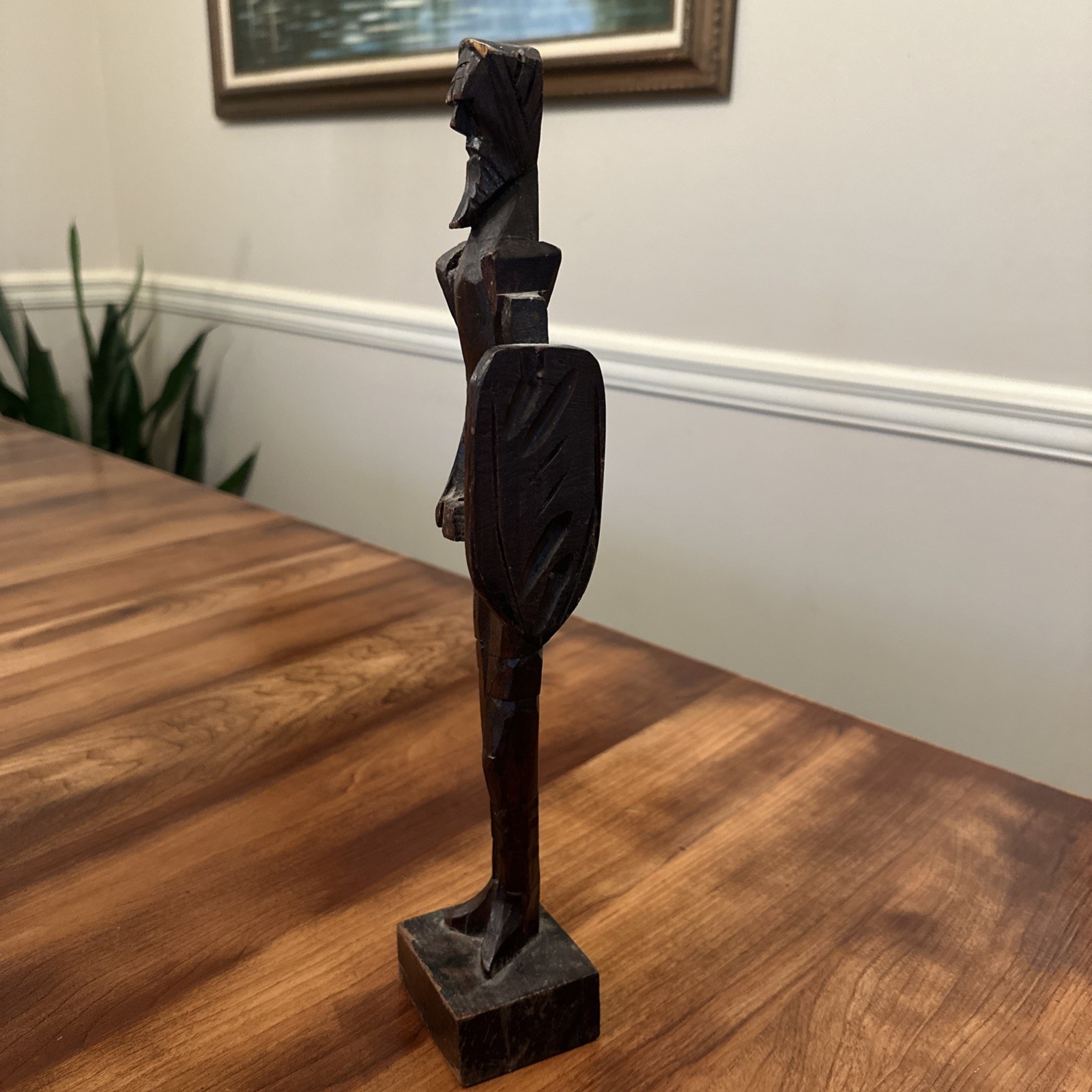 Wood Carving Ancient Warrior Standing Soldier Figure Sculpture 13.75″ Tall VTG