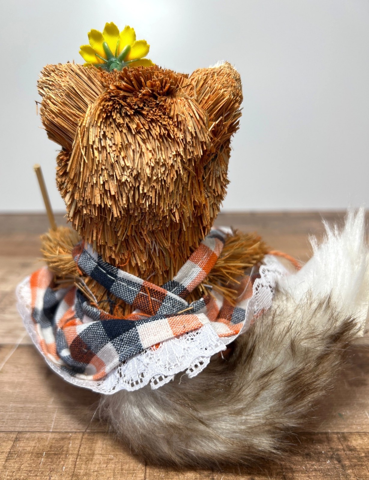 Handcrafted Woodland Hedgehog Figurine With Decorative Plaid Dress & Sunflower
