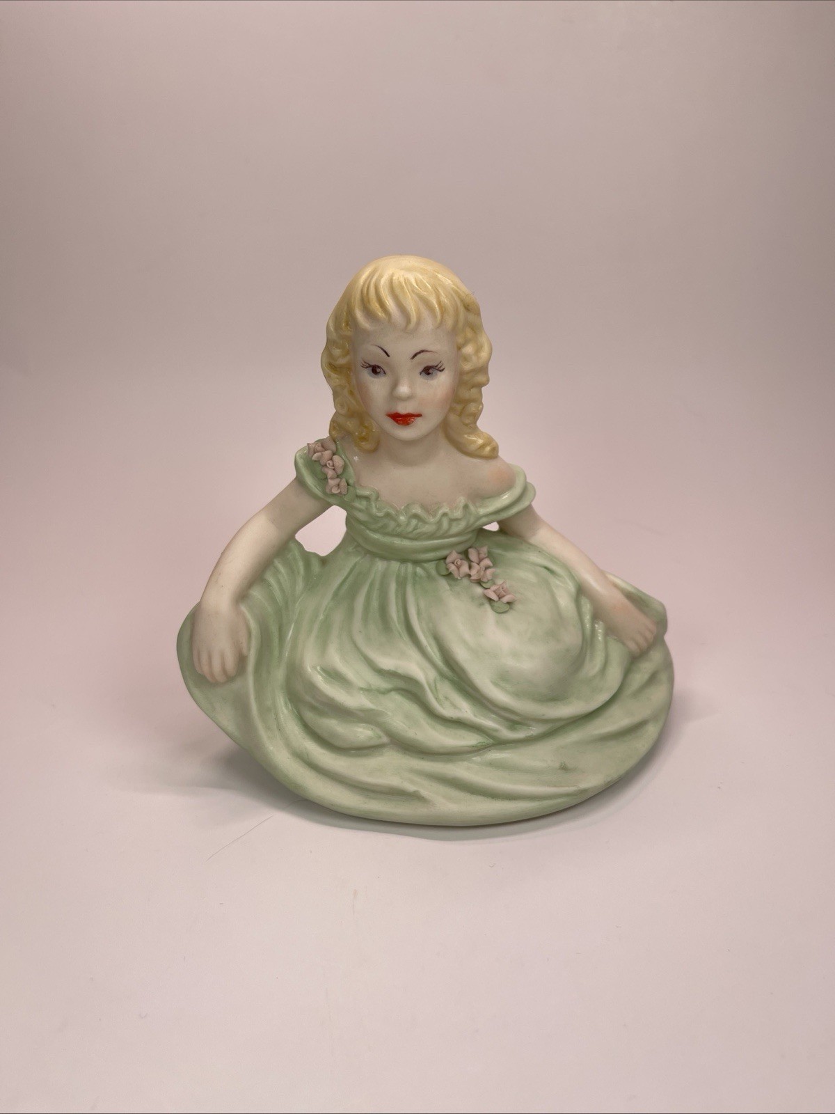 Vintage Mid Century Chalkware Girl Figurine Blonde Green Dress Boudoir Decor