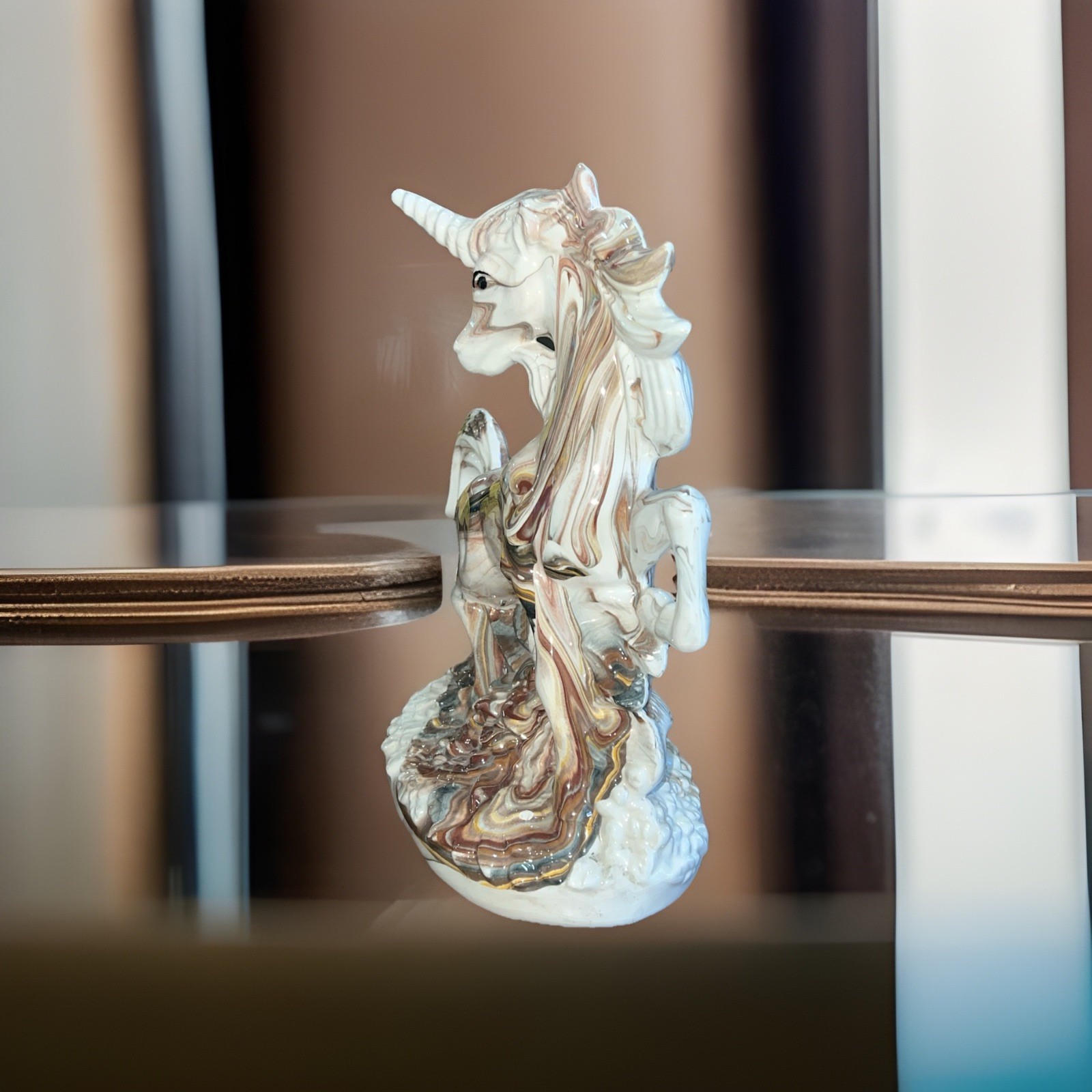 Vintage marbled iridescent glaze Ceramic Unicorn Figure Decor Statue Rare