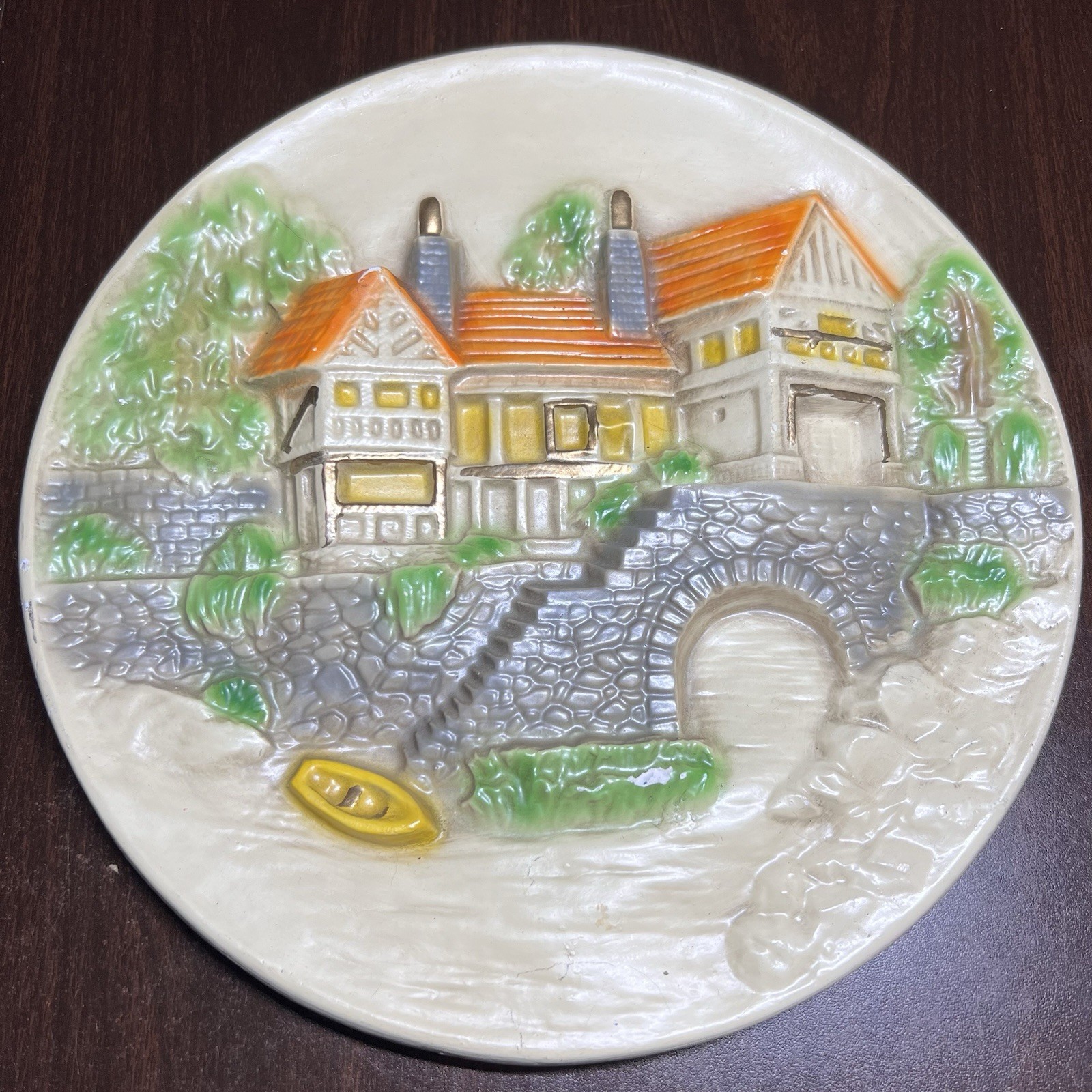 Vintage Chalkware Cottage Village Wall Plaque 11.5″ Hand Painted Decor **Flaws
