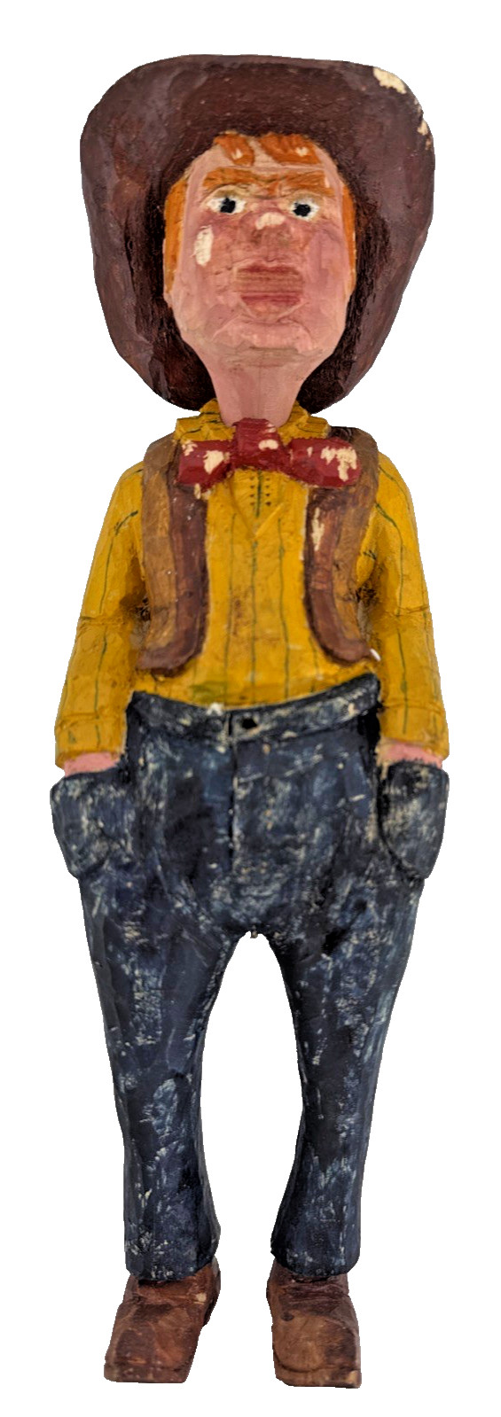 Hand Carved Wood Cowboy Figure Removable Peg Neck Rustic Primitive 10 1/4″ Tall
