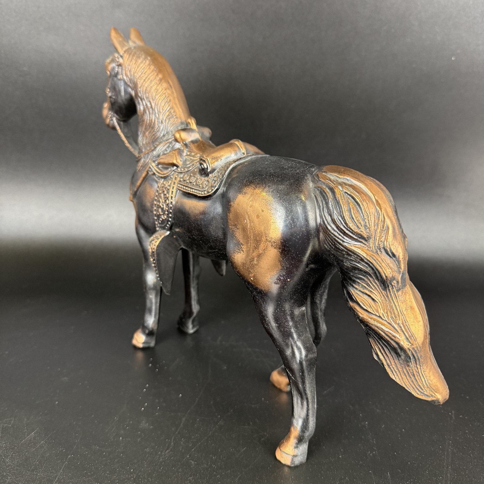 Vtg Cast Metal Copper Bronze Horse Stallion Saddle Figurine 10″ Tall
