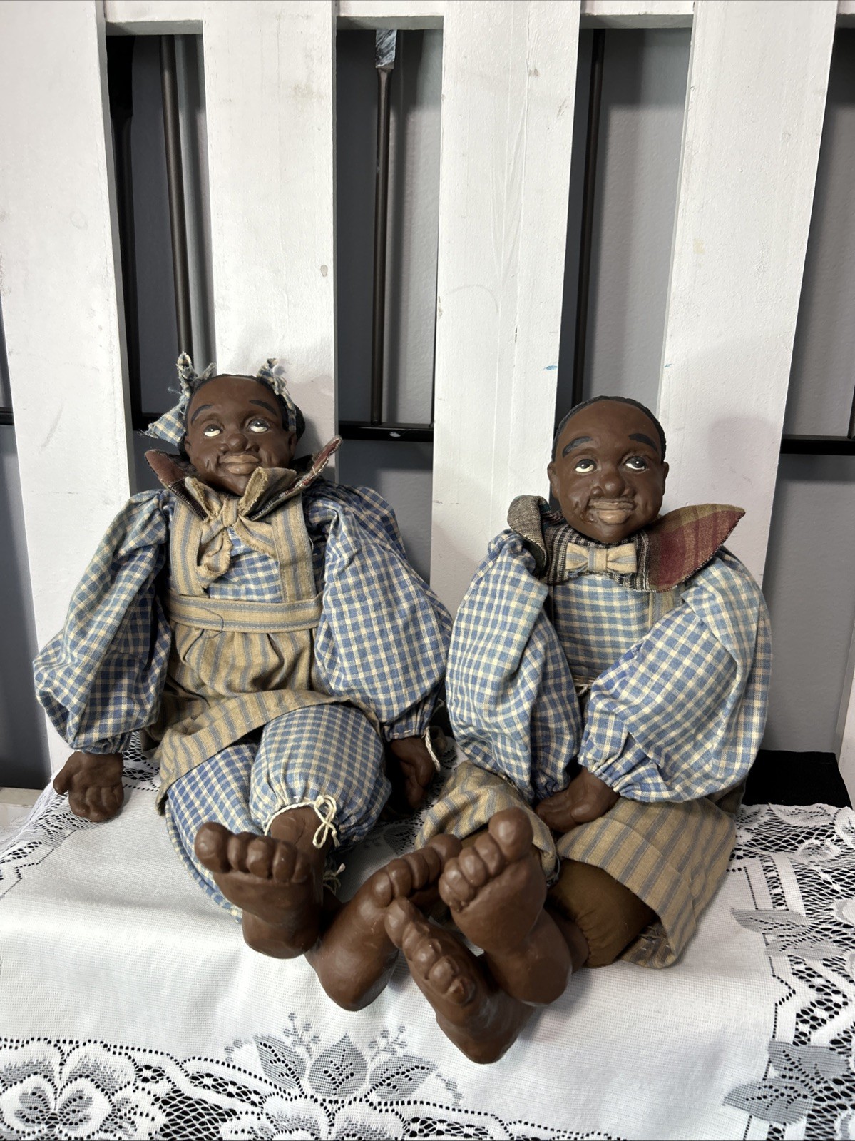 Sarah’s Attic African American Girl +Boy Doll Shelf Sitter 16” T X 7” W unmarked
