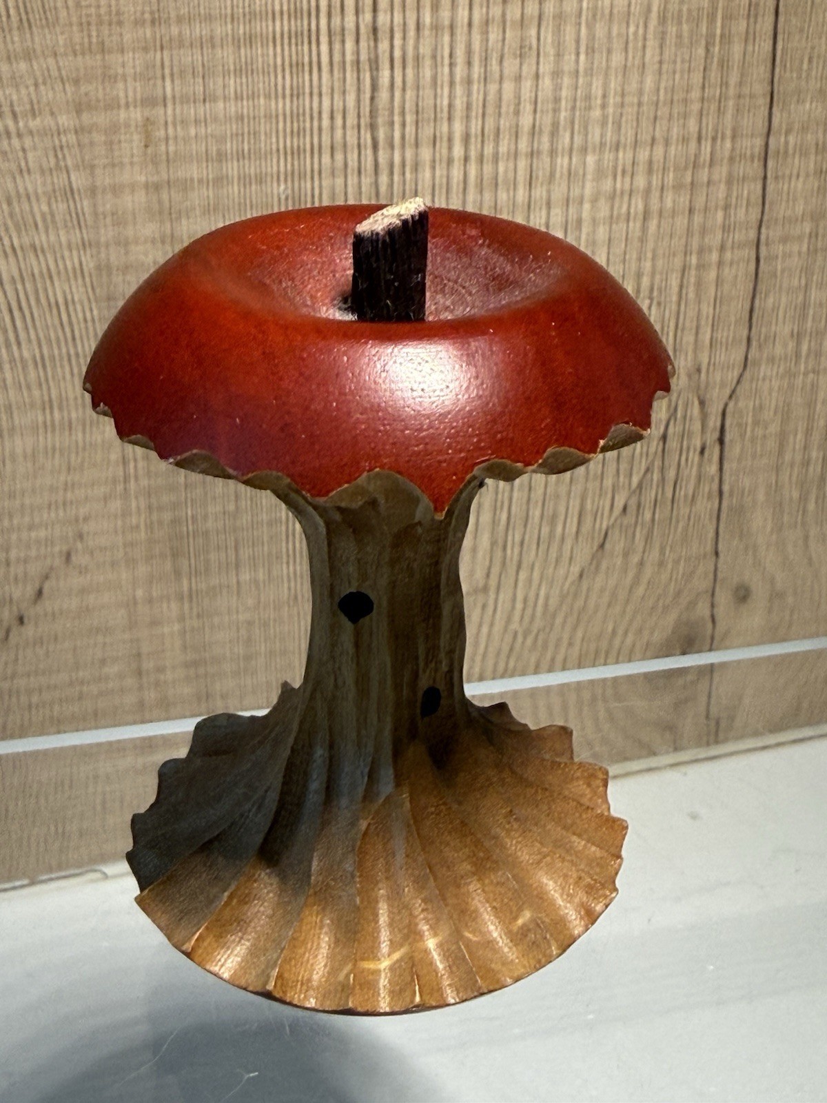 Vintage Hand-Carved Wooden Apple Core Figurine Folk Art Red Painted Decor