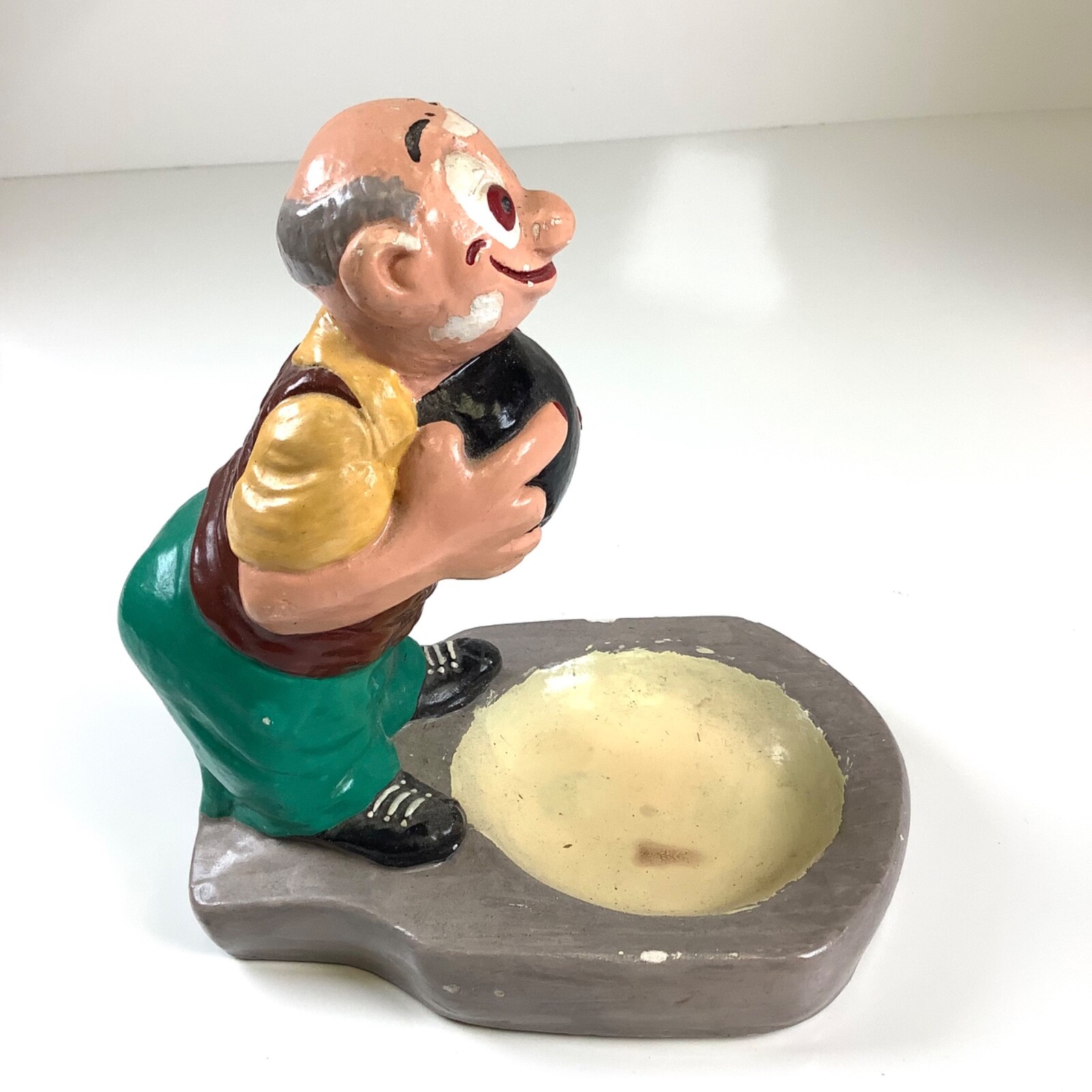 Vintage Plaster or Chalkware Bowling Bowler Key Change Dish Vanity Dresser Tray