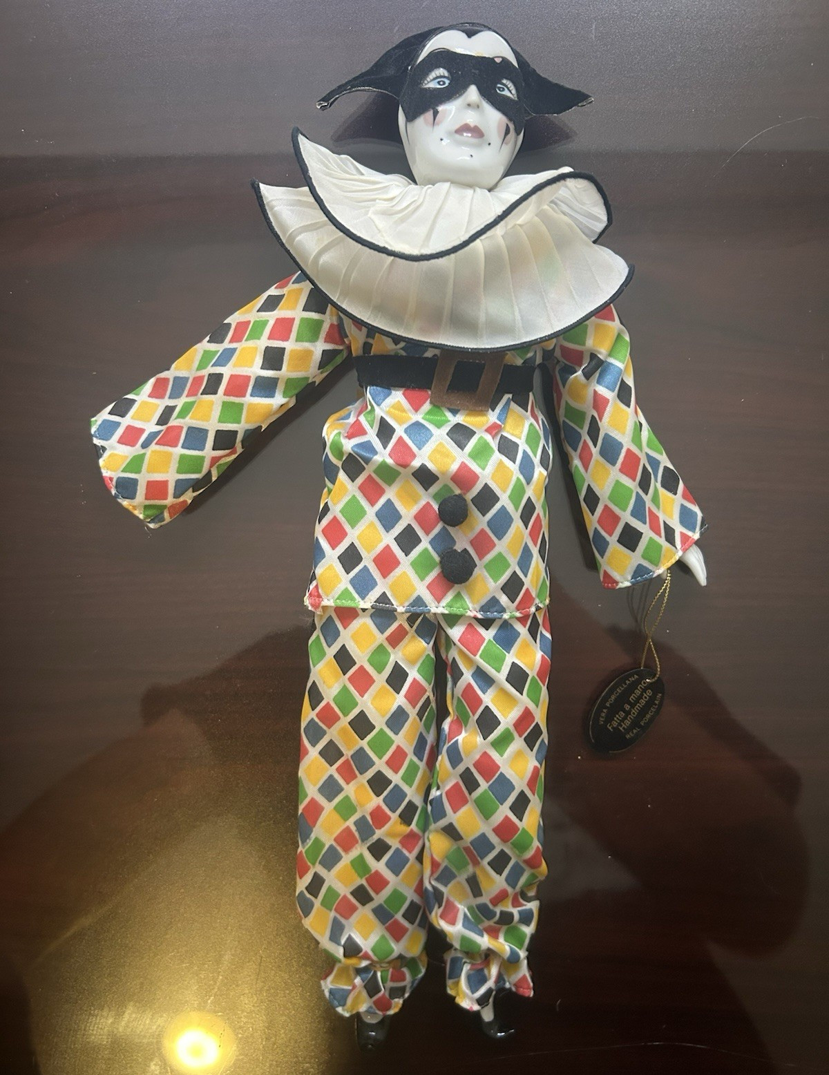 Beatrice d’Este Harlequin Clown Porcelain Figurine Fabric Costume Handmade